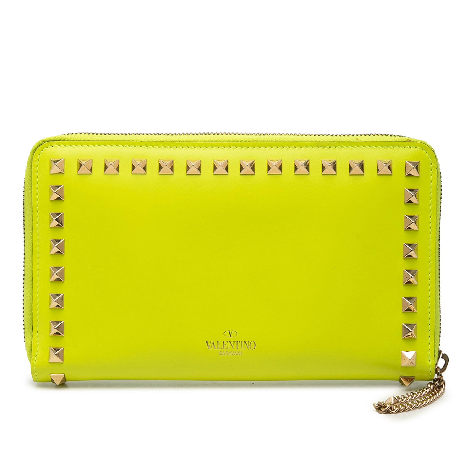 Valentino Rockstud Yellow Leather Zip Around Wallet: Valentino Rockstud Yellow Leather Zip Around Wallet Valentino Rockstud zip-around wallet crafted in yellow leather with a studded exterior and organized interior. The wallet features a zip-around clos