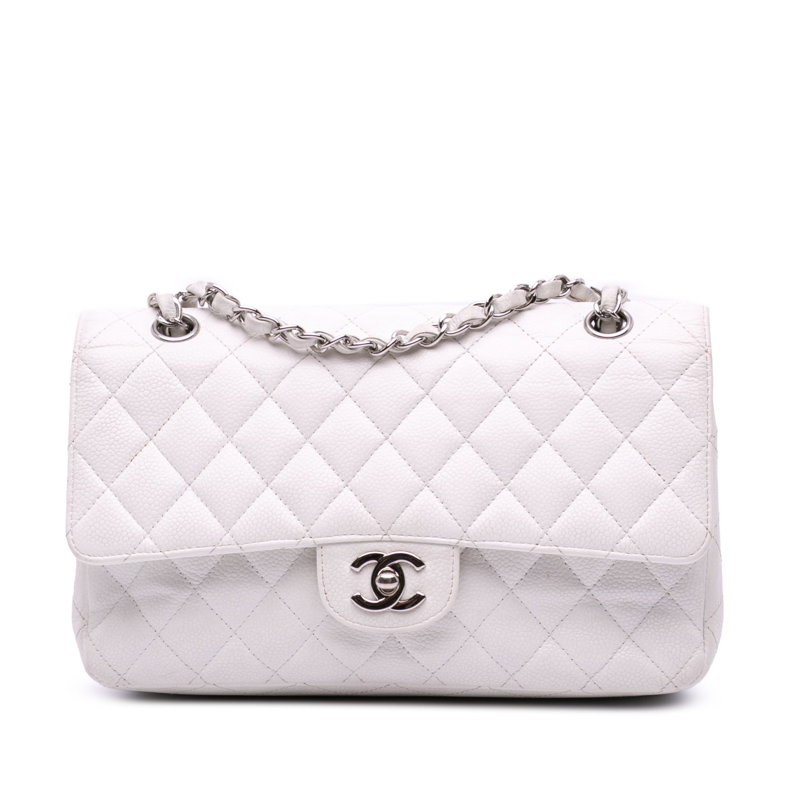 Chanel Medium Classic Caviar Double Flap White Leather Shoulder Bag: Chanel Medium Classic Caviar Double Flap White Leather Shoulder Bag This Chanel Medium Classic Caviar Double Flap shoulder bag showcases a luxurious quilted caviar body complemented by leather woven c