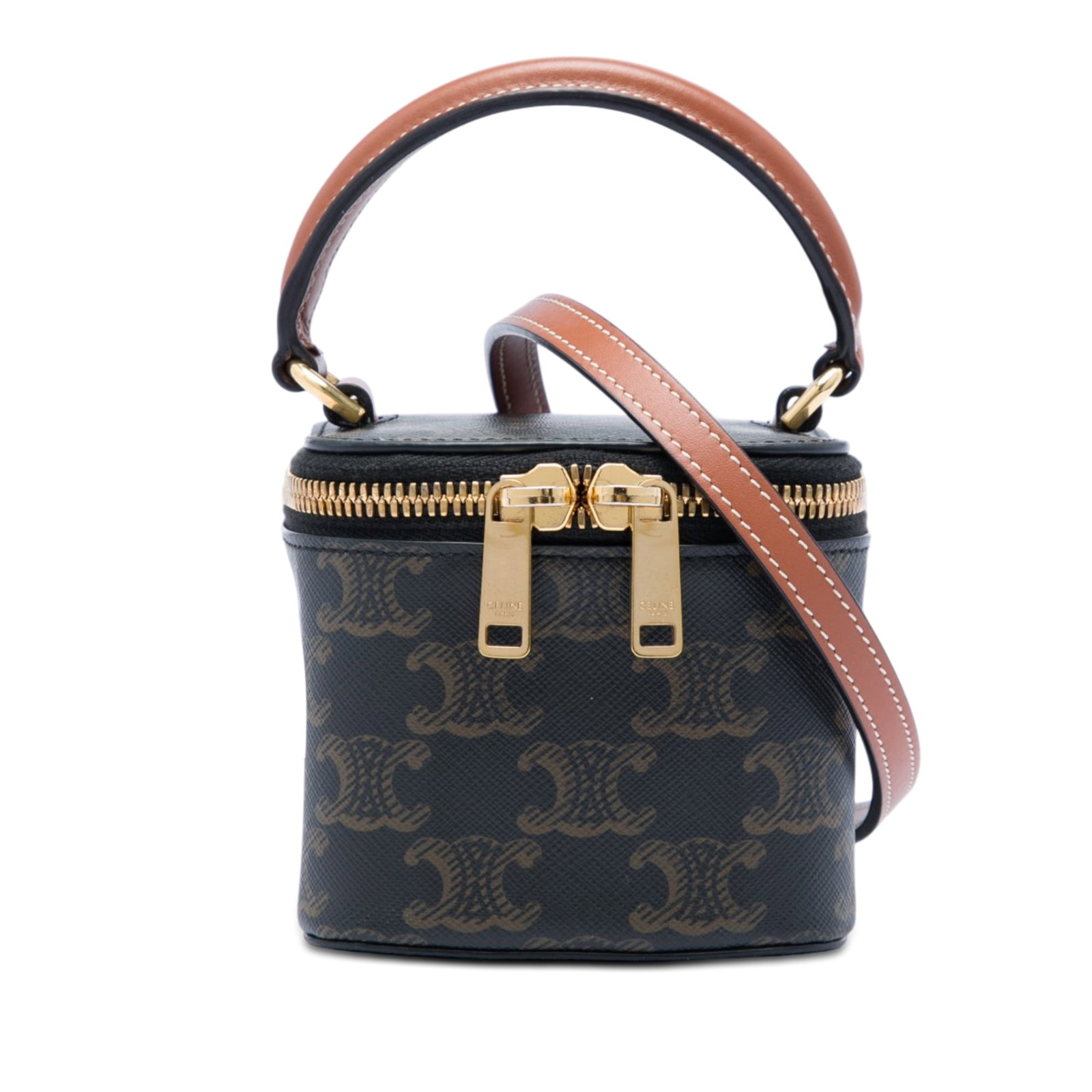 Celine Mini Triomphe Vanity Case in Coated Canvas: Celine Mini Triomphe Vanity Case in Coated Canvas Compact Celine Mini Triomphe vanity case crafted with a coated canvas body and leather trim. It features a flat leather handle, a detachable flat leat