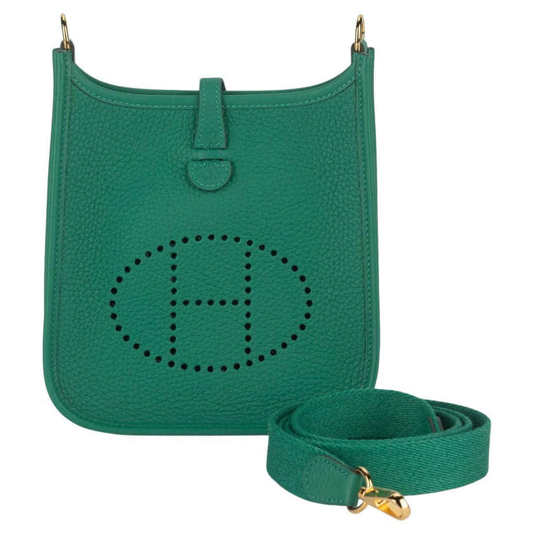 Hermes Evelyne Mini Clemence Bag Vert Vertigo with Strap and Box: Hermes Evelyne Mini Clemence Bag Vert Vertigo with Strap and Box Hermes Mini Evelyne bag in Vert Vertigo Clemence leather with a perforated H logo at the front. This bag features gold hardware, a deta