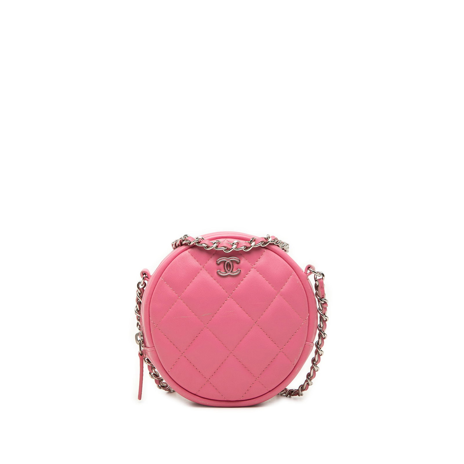 Chanel CC Round Clutch Bag Quilted Lambskin Chain Strap Pink: Chanel CC Round Clutch Bag Quilted Lambskin Chain Strap Pink Round Chanel crossbody clutch in pink quilted lambskin leather with a leather-woven silver-tone chain strap. The design features a top zip 