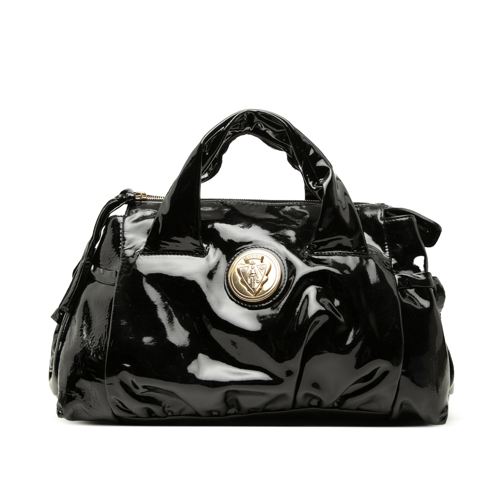 Black Patent Leather Zip Top Bag Gucci Hysteria: Black Patent Leather Zip Top Bag Gucci Hysteria Gucci Patent Hysteria handbag in black patent leather with flat leather handles, a top zip closure, and an interior zip pocket. Made in Italy. Condition