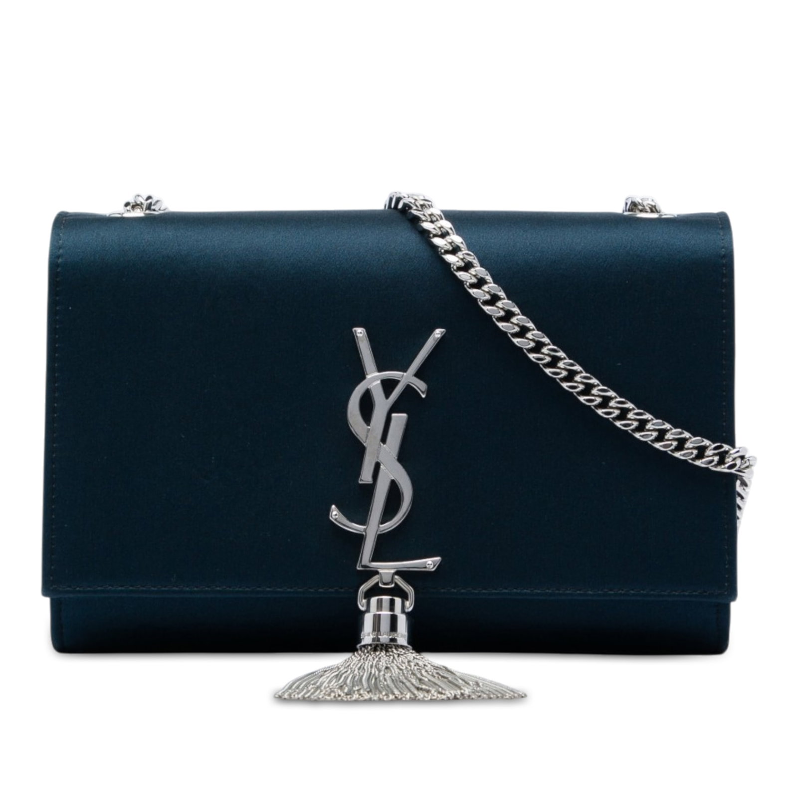 Blue Satin Crossbody Bag Saint Laurent Kate Monogram Tassel: Blue Satin Crossbody Bag Saint Laurent Kate Monogram Tassel A Saint Laurent Small Kate tassel crossbody bag crafted in blue satin with the signature metal YSL logo on the front flap. This crossbody de