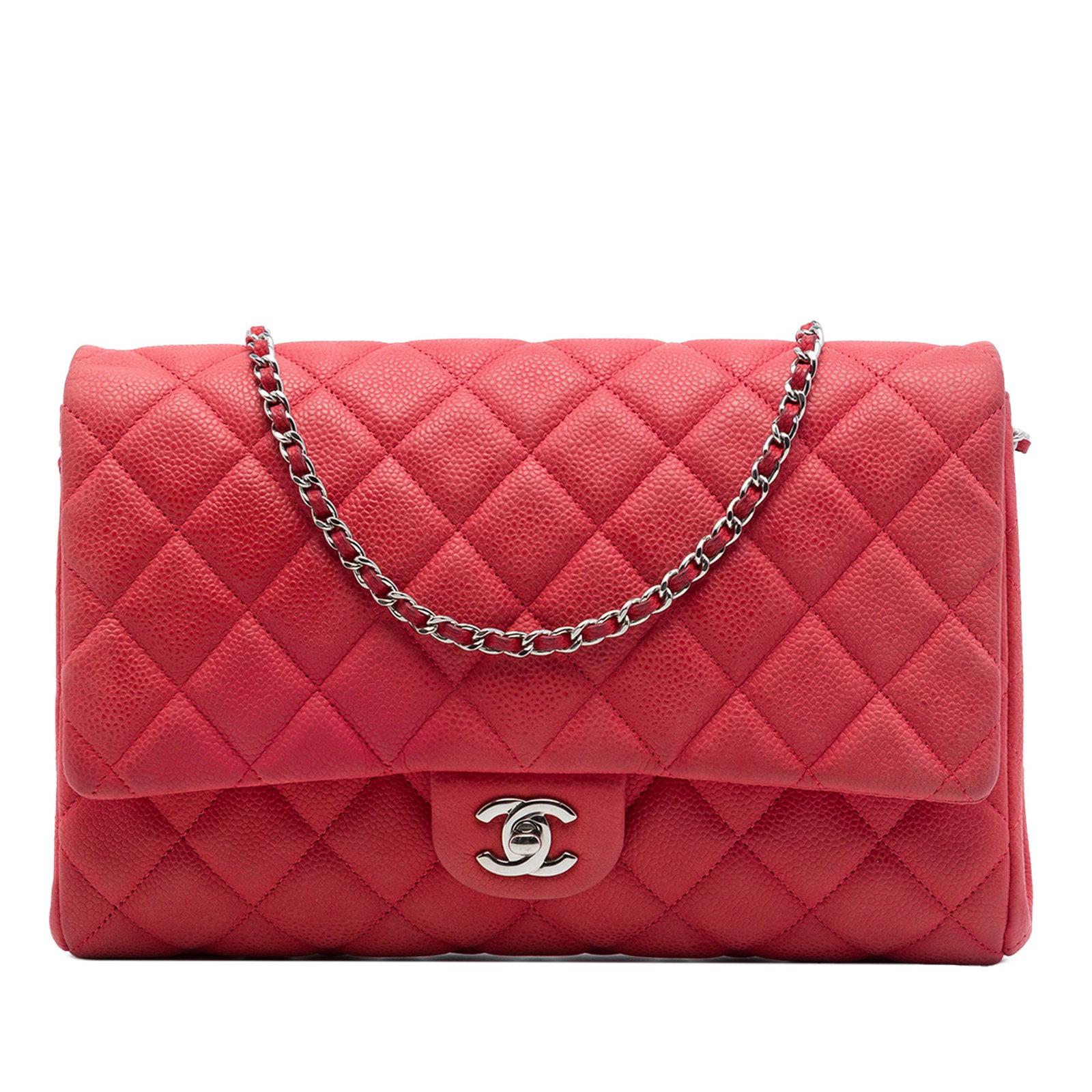 Chanel red caviar leather chain flap clutch shoulder bag: Chanel red caviar leather chain flap clutch shoulder bag Chanel CC Quilted Caviar Flap Clutch with Chain in red quilted caviar leather. This shoulder bag features leather-woven chain link straps, a to