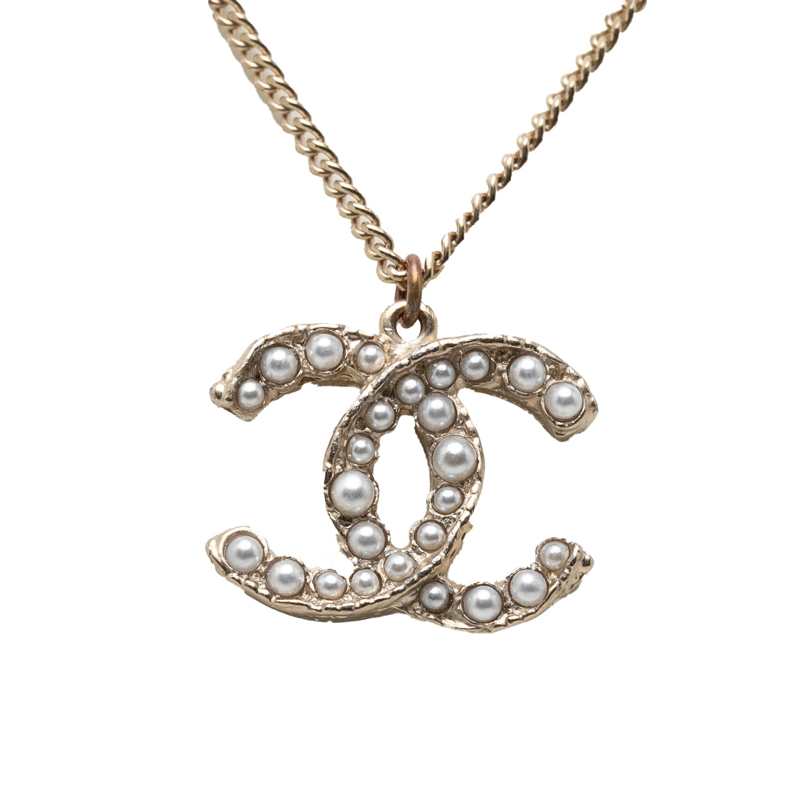 Chanel CC Pendant Necklace Gold Tone Metal Faux Pearl: Chanel CC Pendant Necklace Gold Tone Metal Faux Pearl Chanel CC Gold Plated Faux Pearl Pendant Necklace in gold-tone metal with a faux pearl embellished pendant and lobster claw clasp closure. Made in