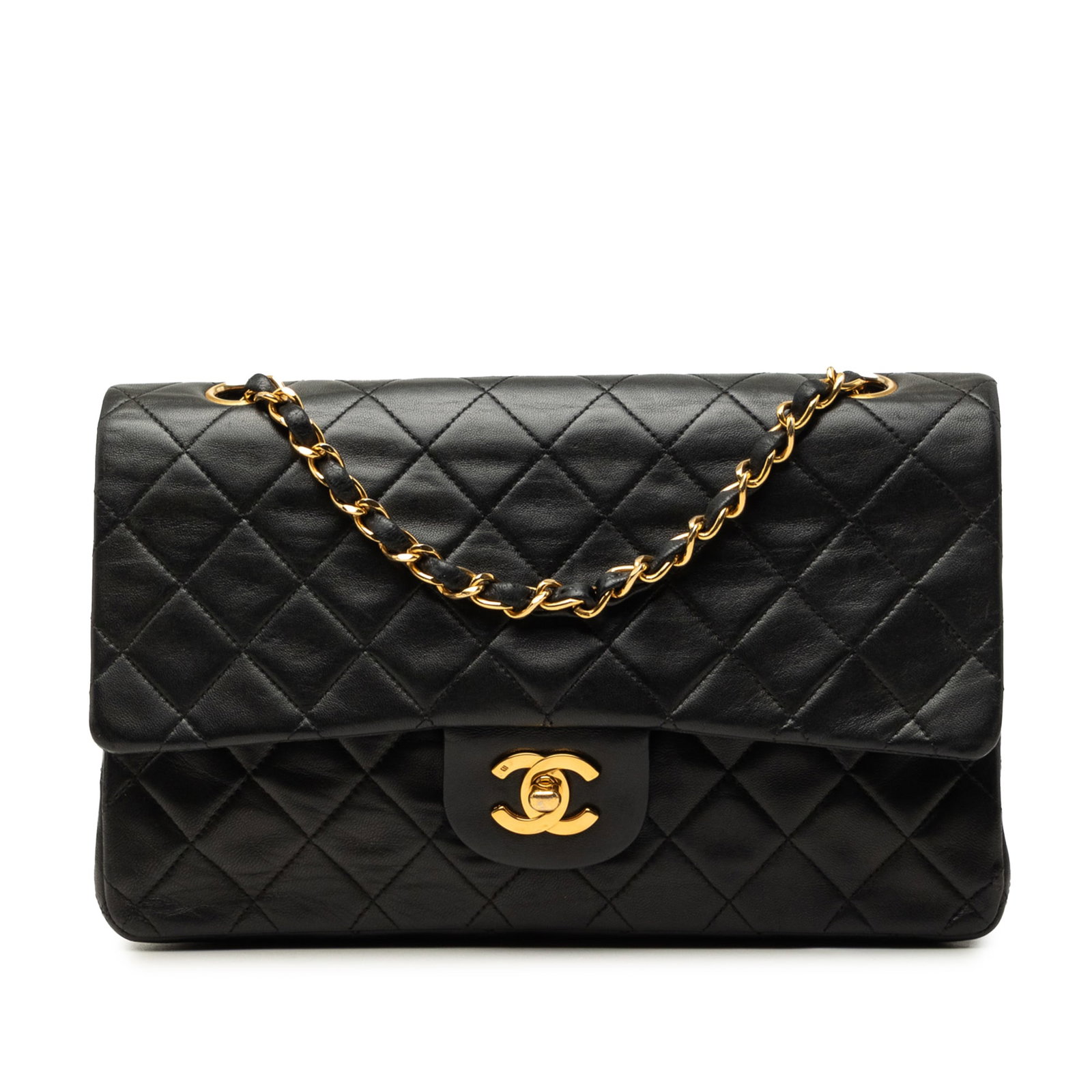 Chanel Medium Classic Double Flap Shoulder Bag Black Lambskin: Chanel Medium Classic Double Flap Shoulder Bag Black Lambskin A Chanel Medium Classic Lambskin Double Flap shoulder bag in black quilted lambskin. It features leather-woven chain straps, double front 