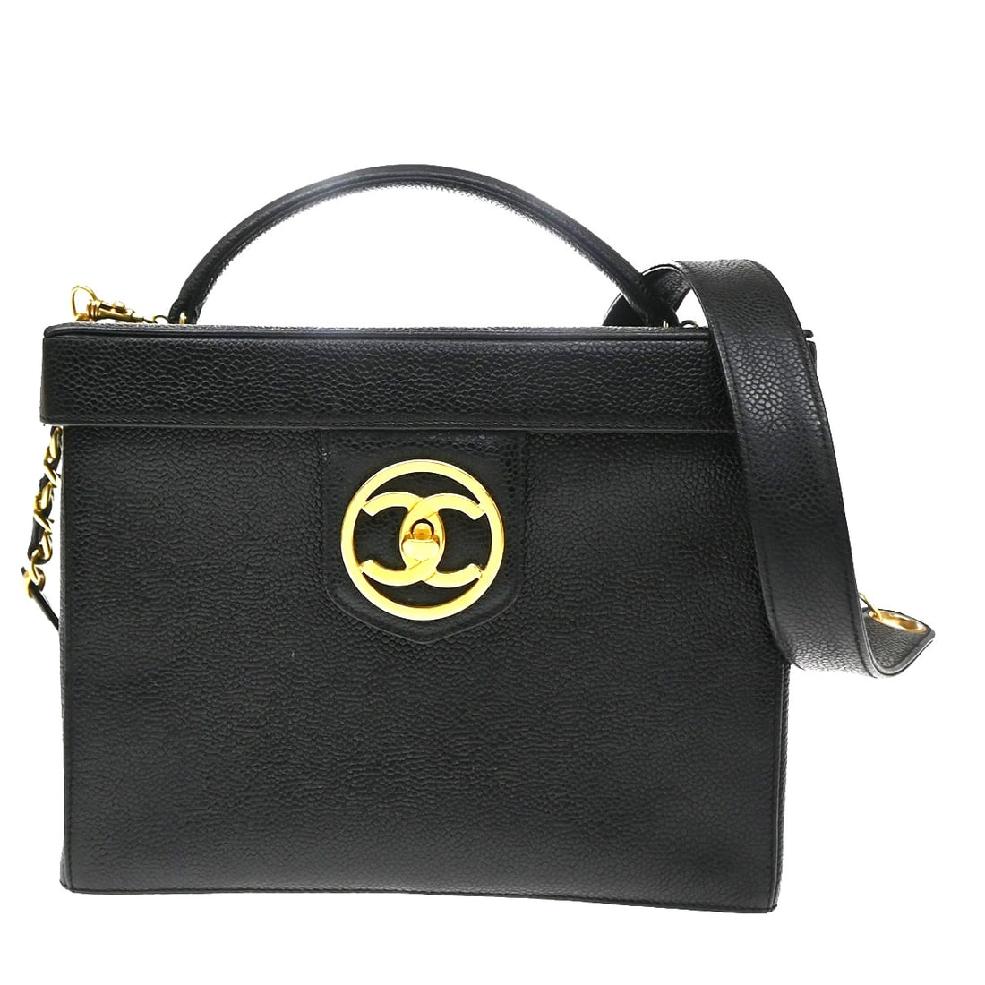 Chanel Vintage Vanity Case Black Calfskin Leather Bag: Chanel Vintage Vanity Case Black Calfskin Leather Bag Vintage Chanel vanity case in black calfskin leather. Made in Italy, this piece is designed for women and shows overall good condition with visibl