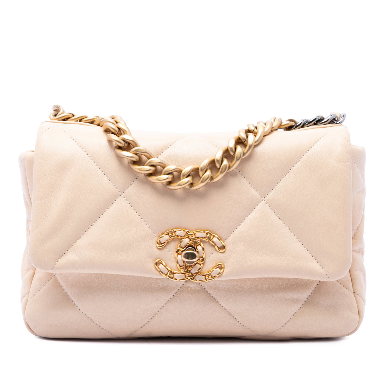 Chanel 19 Medium Flap Shoulder Bag Brown Lambskin: Chanel 19 Medium Flap Shoulder Bag Brown Lambskin This Chanel Medium 19 Flap bag is crafted in quilted lambskin leather and features a chain-link handle, a leather-woven chain shoulder strap with a le