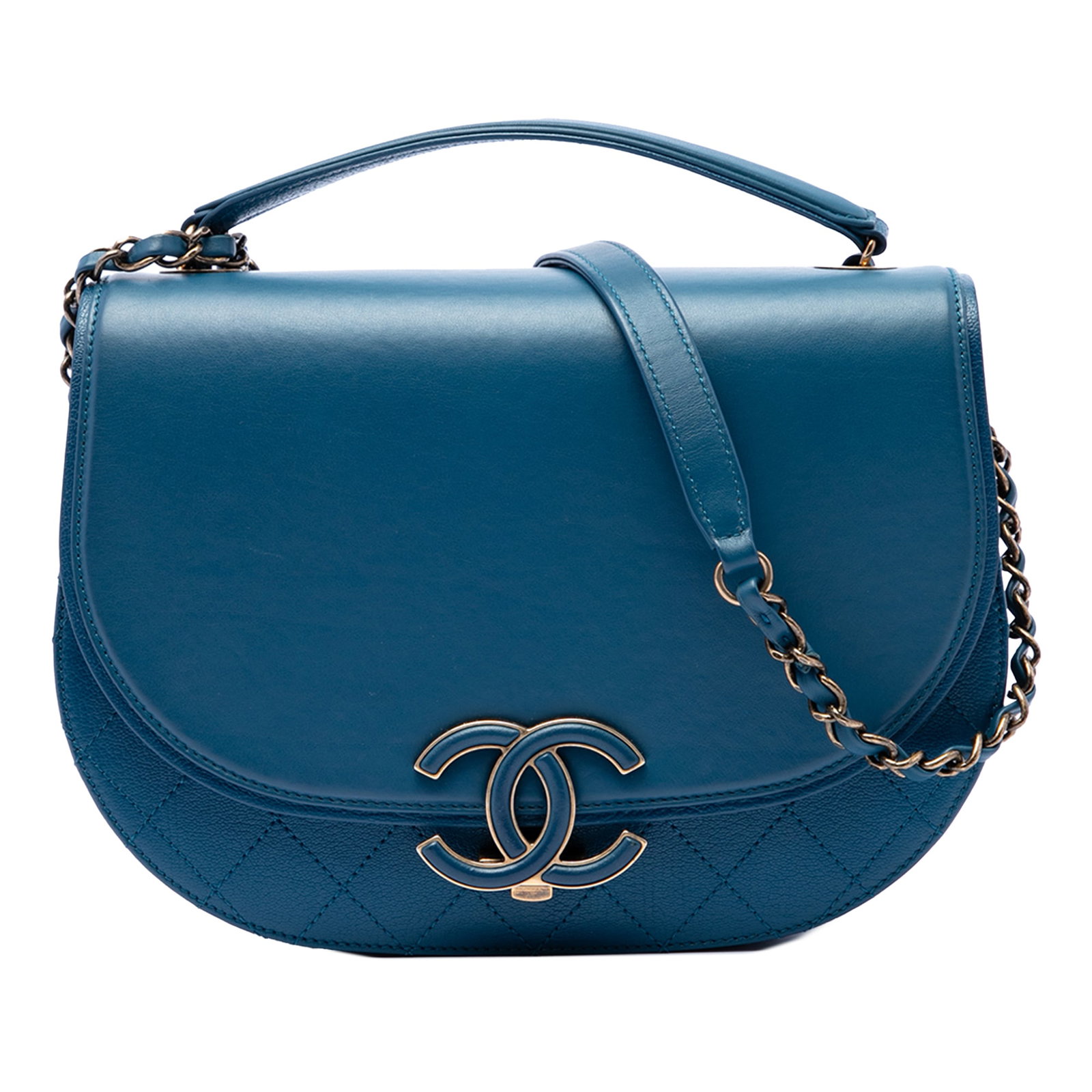 Chanel Coco Curve Flap Medium Blue Leather Shoulder Bag: Chanel Coco Curve Flap Medium Blue Leather Shoulder Bag A Chanel Coco Curve Flap bag crafted in shiny calfskin and quilted goatskin with a structured silhouette and versatile carrying options. This me