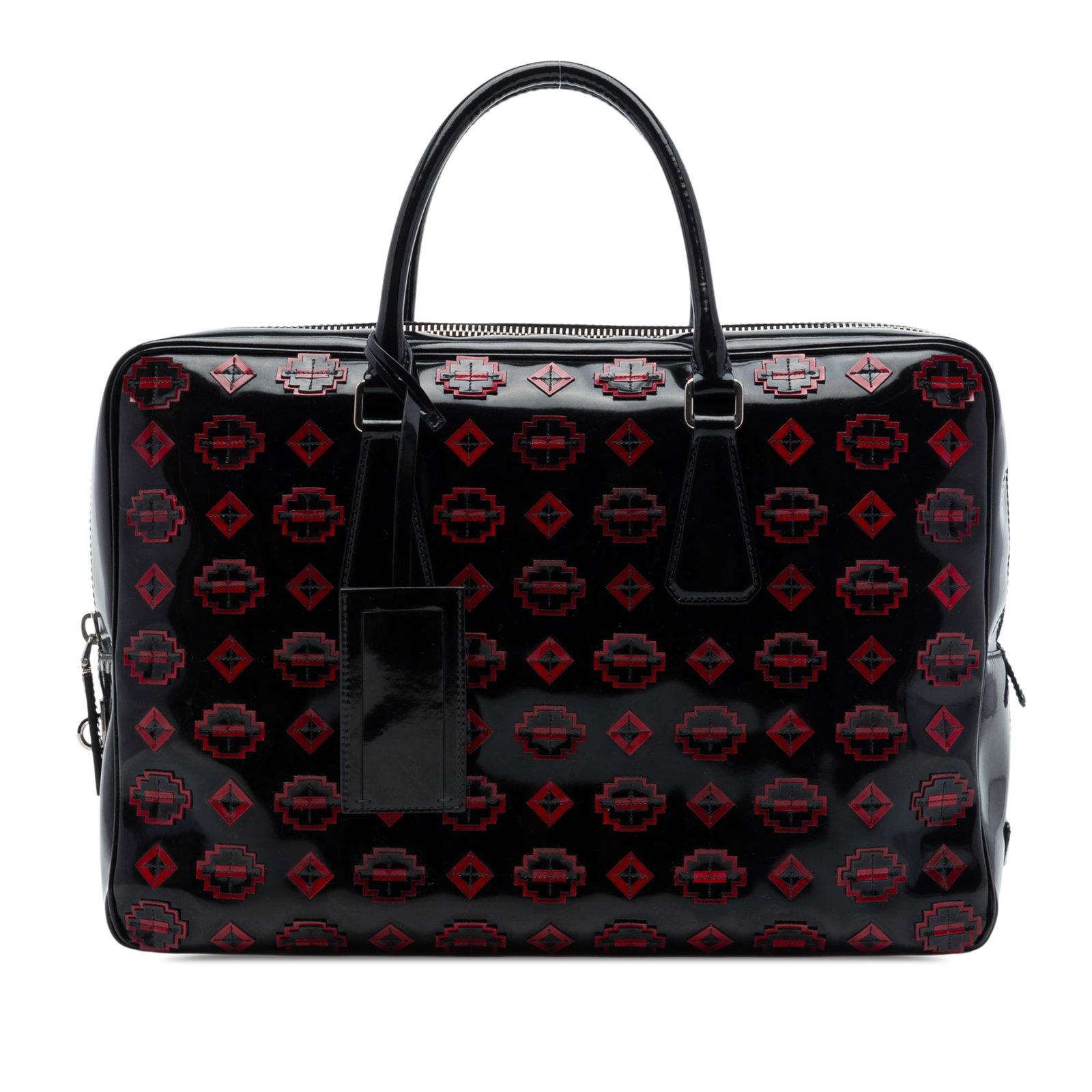 Prada Spazzolato Geometric Applique Leather Business Bag: Prada Spazzolato Geometric Applique Leather Business Bag Structured in spazzolato leather with geometric applique detailing, this Prada briefcase is designed with rolled handles, a top zip closure, an