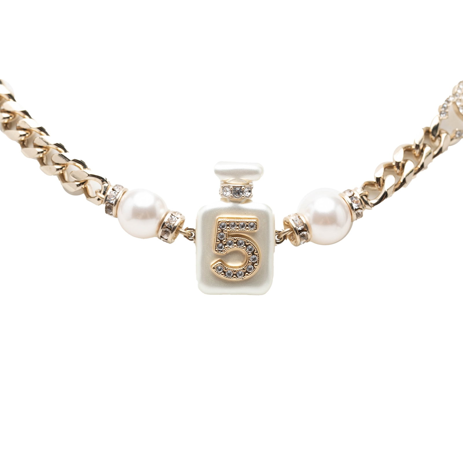 Chanel No 5 Perfume Bottle Pendant Necklace Gold Tone Faux Pearl CC (1 of 6)