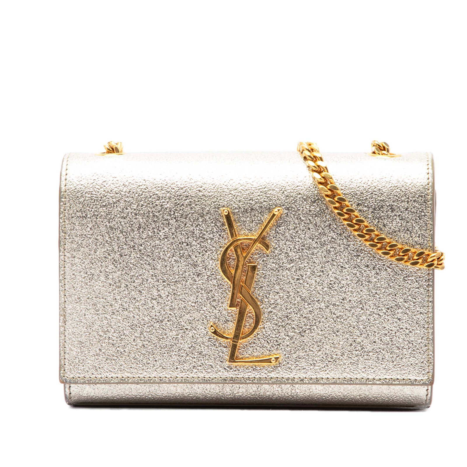 Saint Laurent Kate Small Monogram Crossbody Metallic Calfskin: Saint Laurent Kate Small Monogram Crossbody Metallic Calfskin Saint Laurent Small Metallic Calfskin Monogram Kate Crossbody in gold metallic leather with a front flap, magnetic snap closure, gold-tone