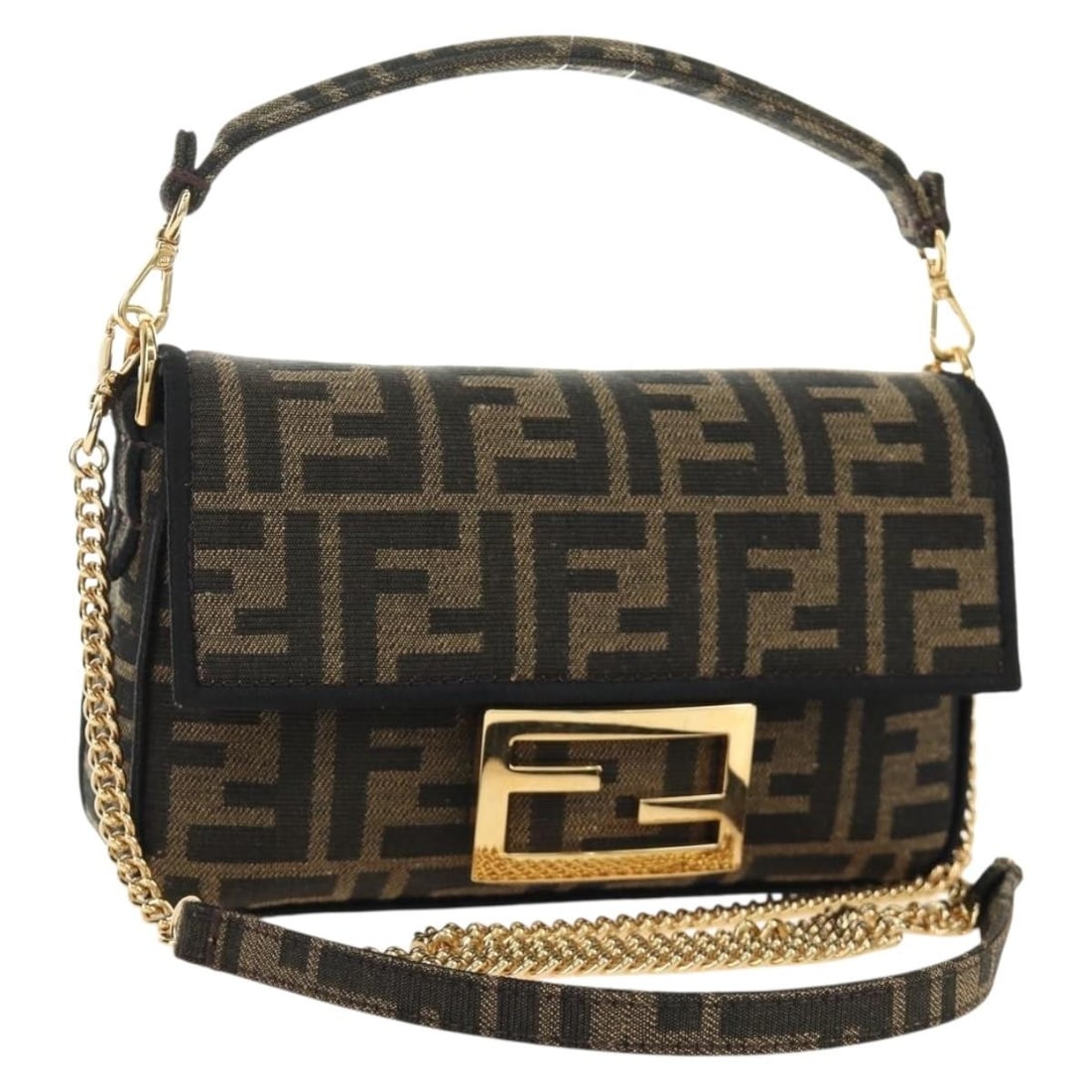 Fendi Mamma Baguette 2way Shoulder Bag in Brown Black Zucca Canvas: Fendi Mamma Baguette 2way Shoulder Bag in Brown Black Zucca Canvas FENDI Mamma Baguette 2way shoulder bag in Zucca canvas, presented in brown and black. It features a compact silhouette with both shou