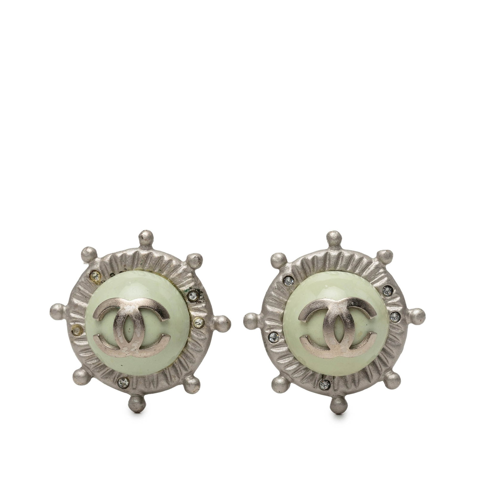 Chanel Nautical Helm Clip Earrings Silver Tone Faux Pearl Strass CC (1 of 3)