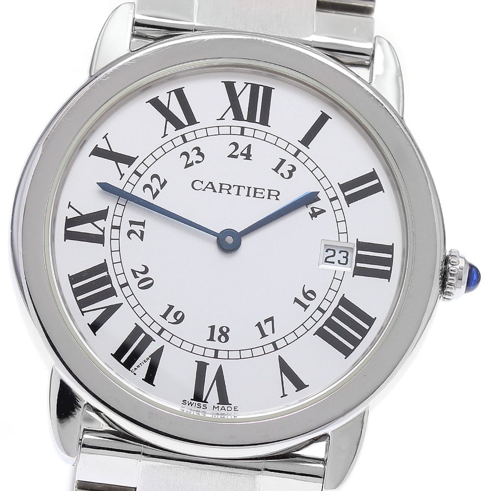 Cartier Ronde Solo LM mens quartz date watch ref W6701005: Cartier Ronde Solo LM mens quartz date watch ref W6701005 Cartier Ronde Solo LM men's wristwatch with a quartz movement and date display. This watch features a silver dial with a stainless steel case 