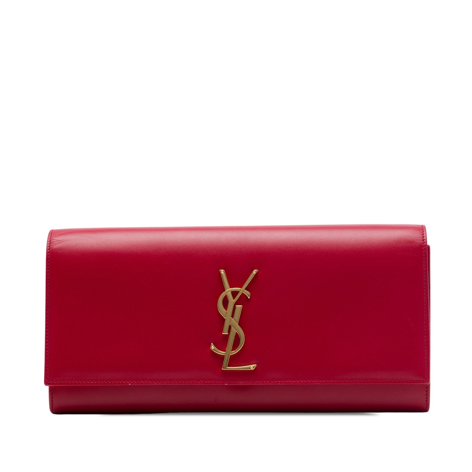 Saint Laurent Cassandre Leather Flap Clutch Red: Saint Laurent Cassandre Leather Flap Clutch Red A Saint Laurent Cassandre clutch crafted in smooth red leather with a structured flap-front design. It features a magnetic snap closure and an interior 