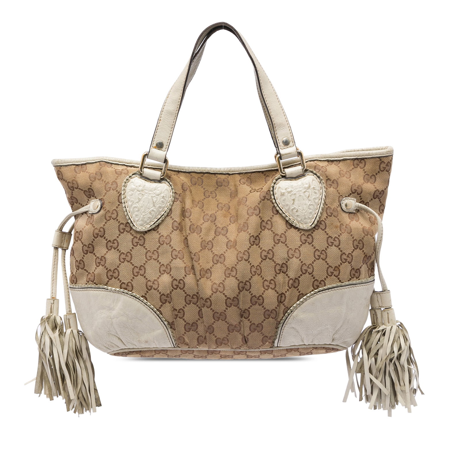 Gucci Tribeca Small GG Canvas Tote Bag Beige Leather Trim: Gucci Tribeca Small GG Canvas Tote Bag Beige Leather Trim A Gucci Small GG Canvas Tribeca Tote crafted with a canvas body, leather trim, and tassel details. This tote features flat leather straps, an 