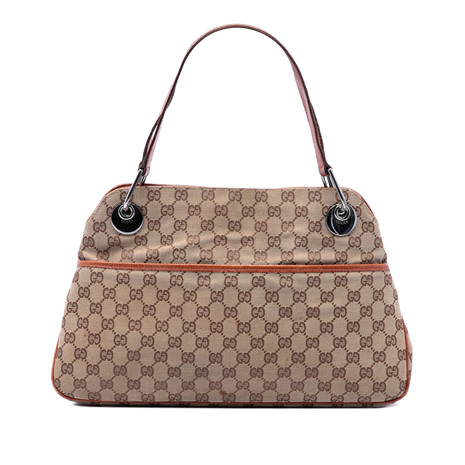 Gucci Eclipse Shoulder Bag in GG Canvas with Leather Trim: Gucci Eclipse Shoulder Bag in GG Canvas with Leather Trim Gucci GG Canvas Eclipse shoulder bag crafted with a canvas body and leather trim. This shoulder bag features flat leather handles, an open top