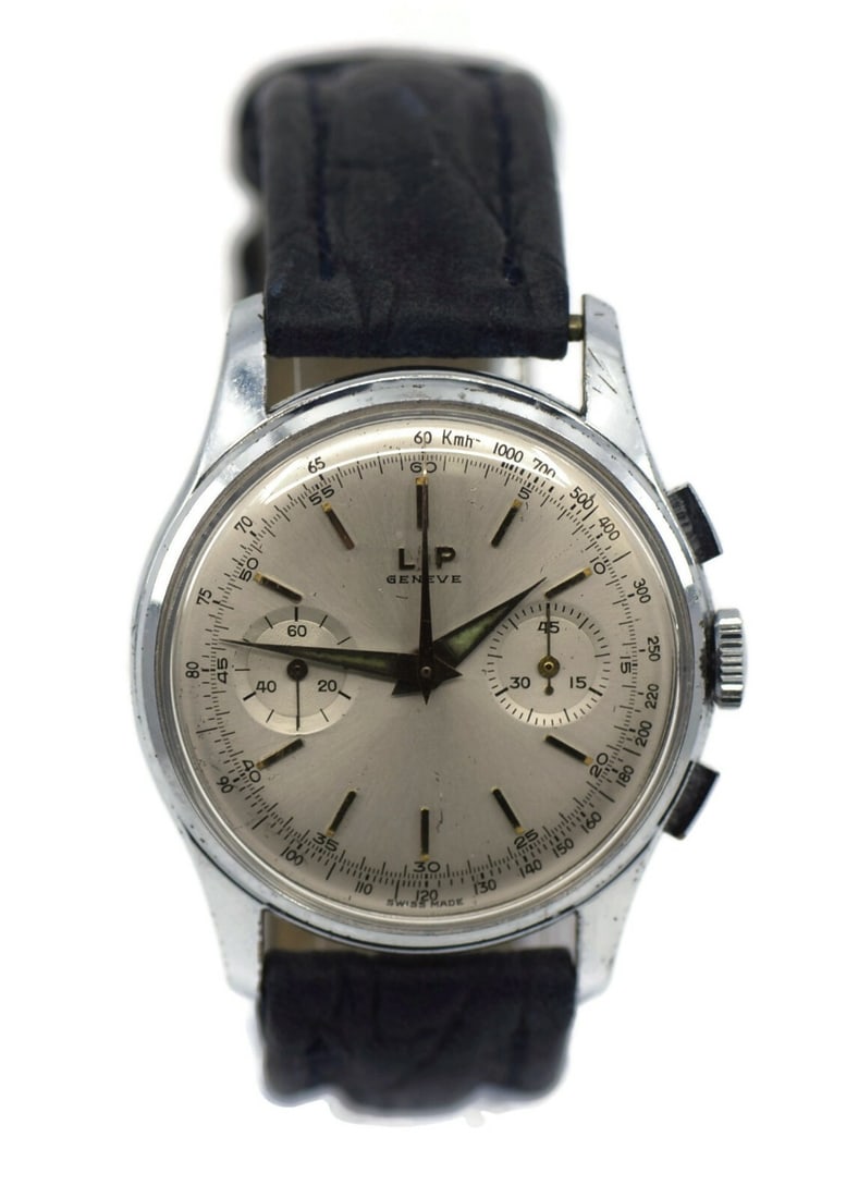37 mm stainless steel chronograph wristwatch with silver dial leather strap: 37 mm stainless steel chronograph wristwatch with silver dial leather strap Vintage LIP Geneve chronograph wristwatch with a hand-winding mechanical movement and a silver dial. This men's watch featur