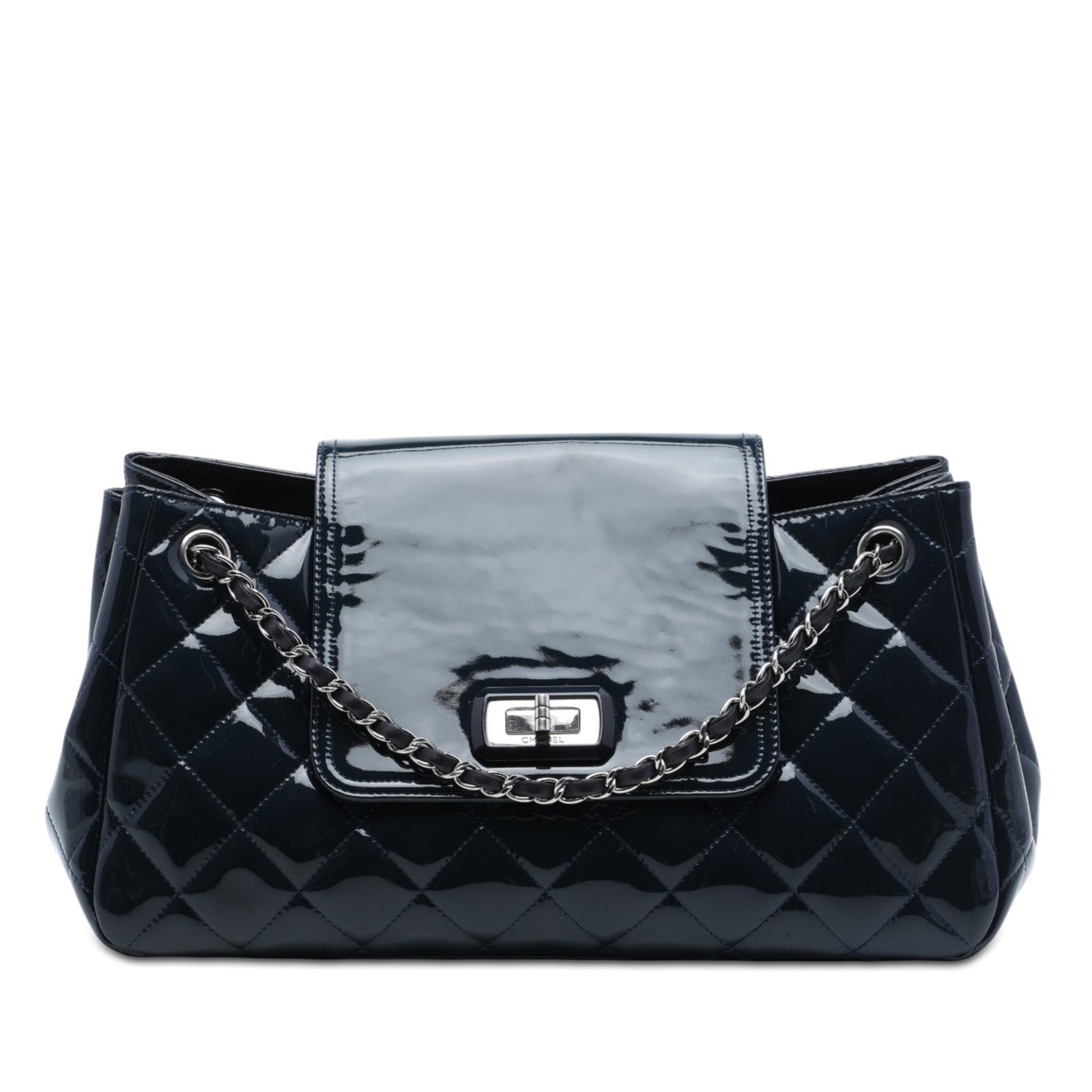 Chanel Reissue 2.55 Accordion Flap Blue Patent Leather Shoulder Bag: Chanel Reissue 2.55 Accordion Flap Blue Patent Leather Shoulder Bag A Chanel Reissue 2.55 Accordion Flap shoulder bag in blue quilted patent leather. It features leather-woven chain link straps, a fro