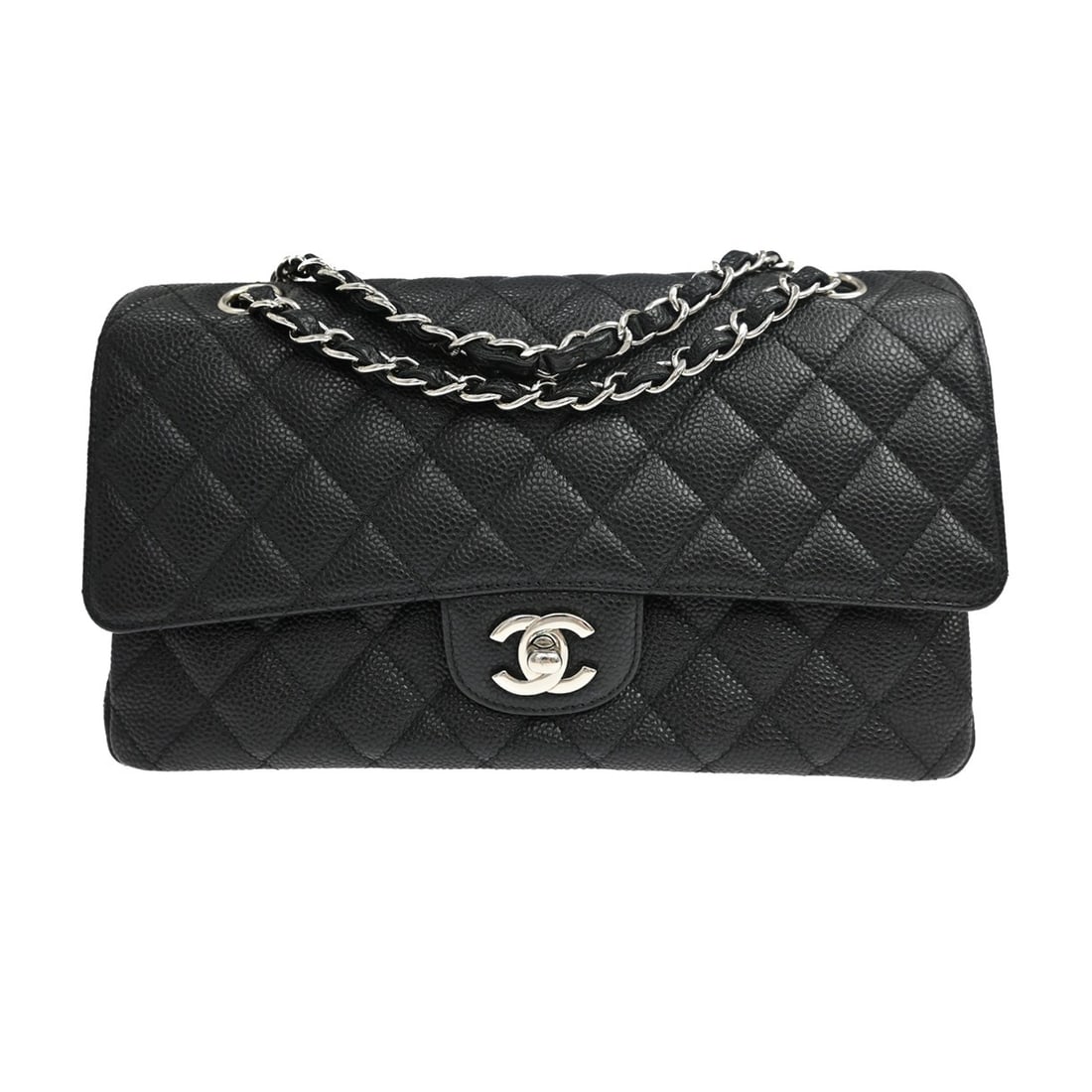 CHANEL Classic Double Flap Medium Black Caviar Leather Shoulder Bag: CHANEL Classic Double Flap Medium Black Caviar Leather Shoulder Bag Vintage Chanel Classic Double Flap medium shoulder bag in black caviar skin leather with a matelasse finish. This shoulder bag featu