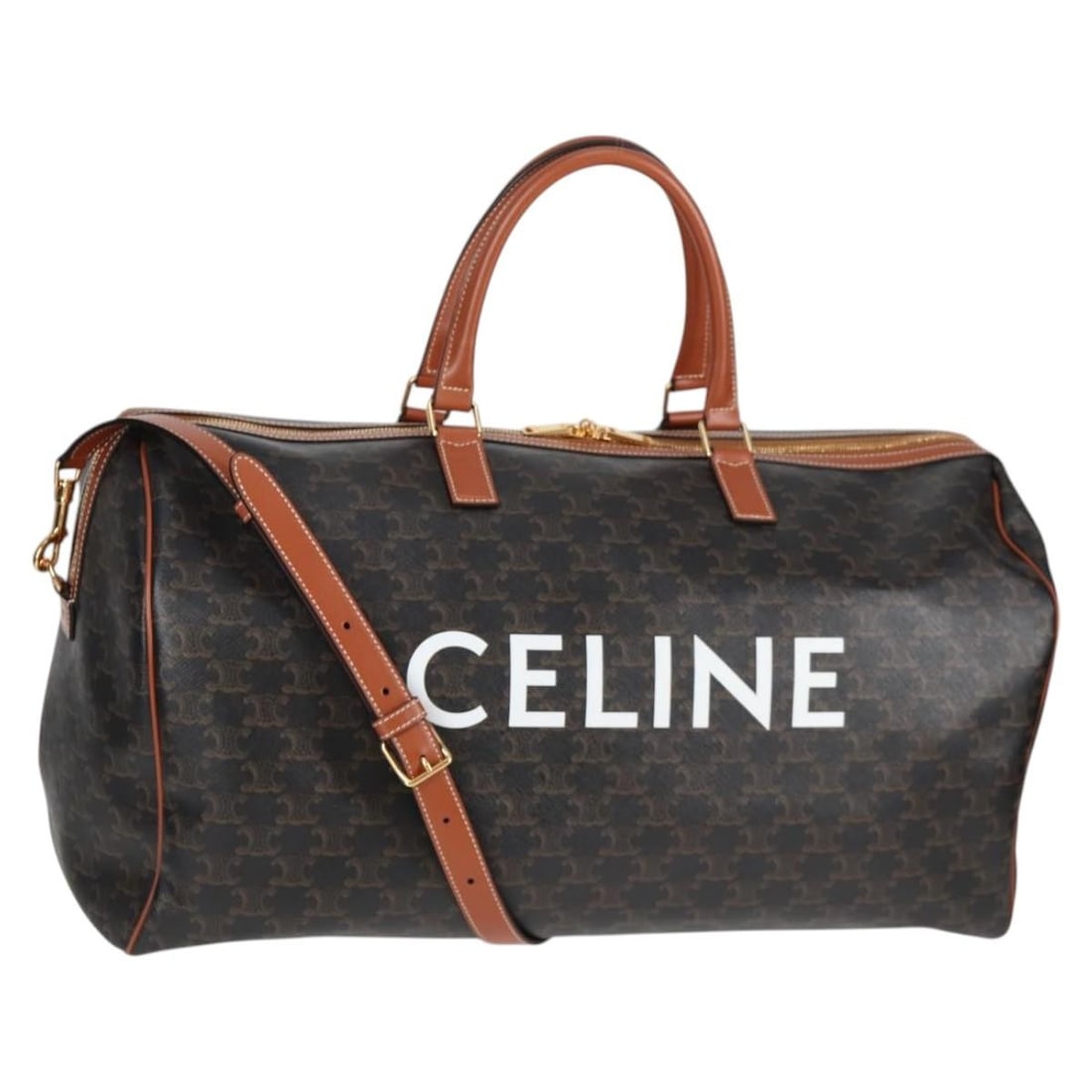 CELINE Triomphe 2way Boston Bag Black Gold PVC Leather: CELINE Triomphe 2way Boston Bag Black Gold PVC Leather Celine Triomphe 2-way Boston bag in black PVC leather with Macadam canvas and gold-tone accents. Made in Italy, this women's bag includes a padlo