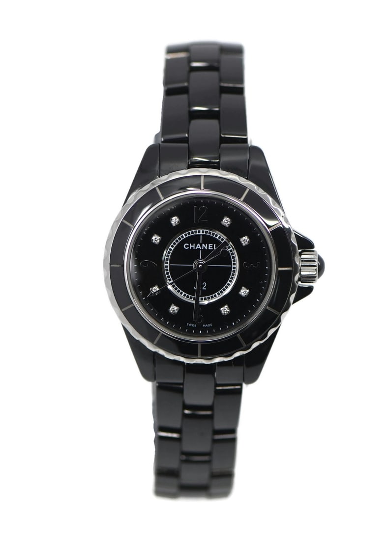 CHANEL J12 H2569 29MM black ceramic diamond bezel wristwatch: CHANEL J12 H2569 29MM black ceramic diamond bezel wristwatch Chanel J12 H2569 wristwatch with a black ceramic case and matching bracelet. This women's luxury watch features a round case, black dial wi