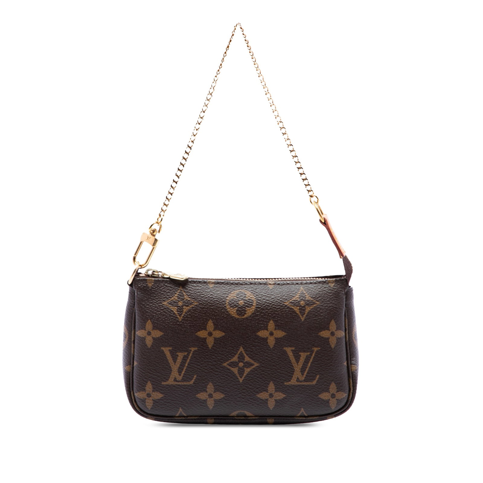 Louis Vuitton Monogram Canvas Mini Pochette Bag with Chain: Louis Vuitton Monogram Canvas Mini Pochette Bag with Chain Compact and iconic, this Louis Vuitton Monogram Mini Pochette Accessoires is crafted with a monogram canvas body, a gold-tone chain strap, an