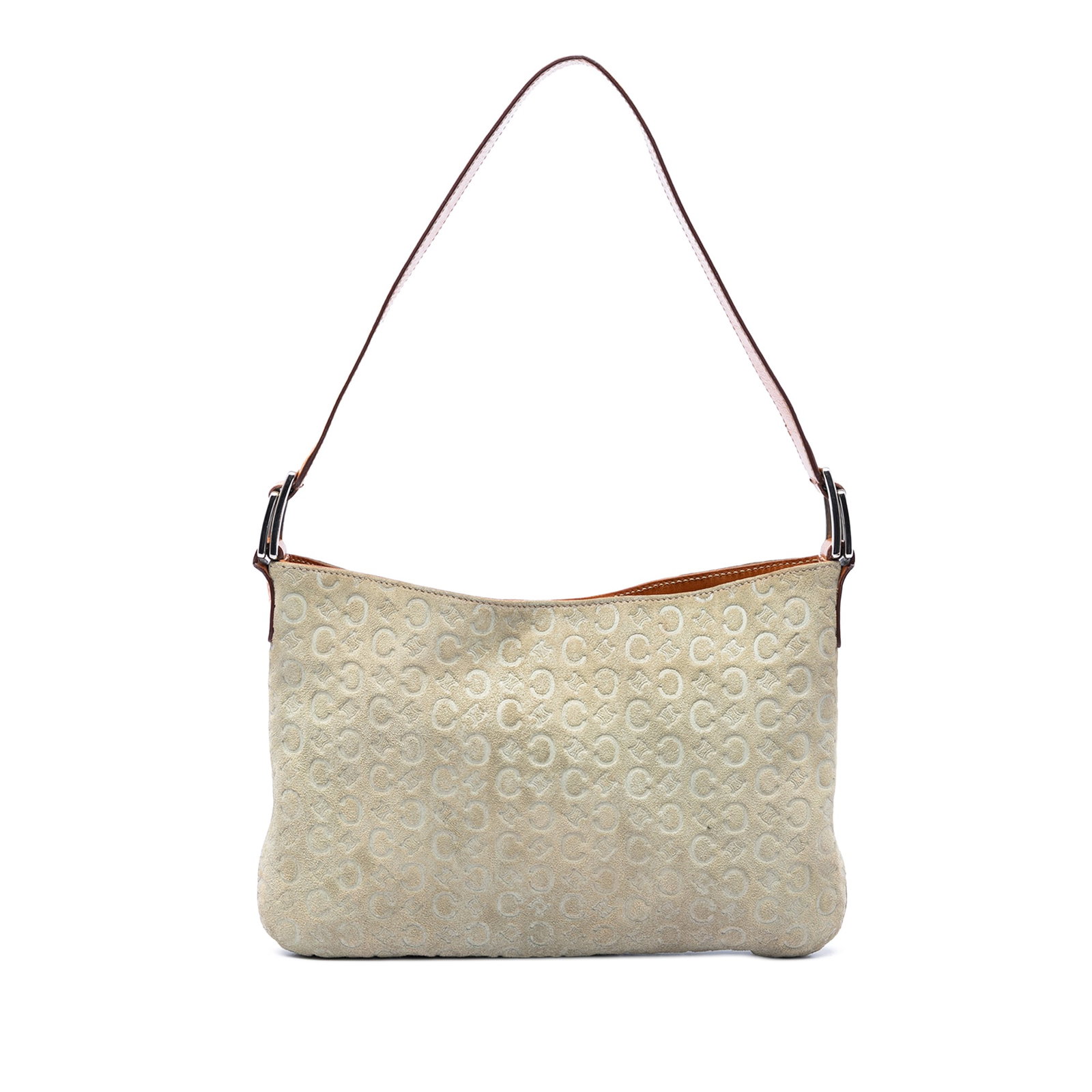 Celine C Macadam brown suede shoulder bag: Celine C Macadam brown suede shoulder bag A Celine C Macadam shoulder bag in brown suede with a flat leather shoulder strap, open top, magnetic snap closure, and an interior zip pocket. Made in Italy,