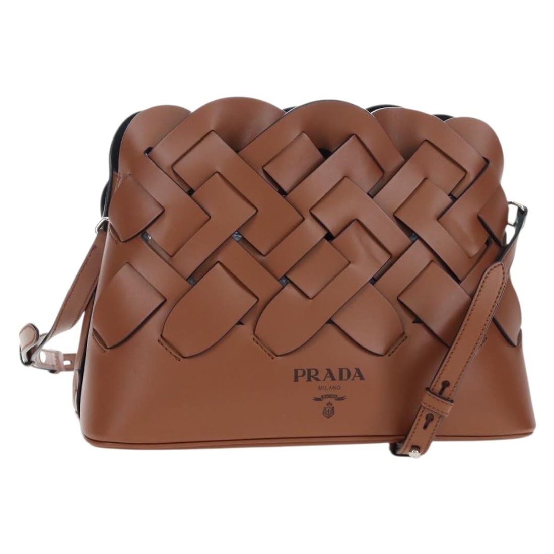PRADA Vitello Intrecciato Leather Shoulder Bag Brown Silver: PRADA Vitello Intrecciato Leather Shoulder Bag Brown Silver Prada Vitello Intrecciato shoulder bag in brown leather with silver-tone accents. Made in Italy, this women's shoulder bag includes a should