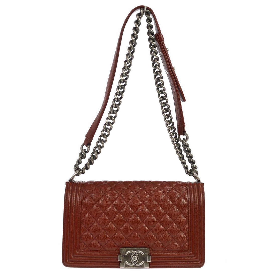 CHANEL Boy Medium Shoulder Bag Red Caviar Leather Chain Strap: CHANEL Boy Medium Shoulder Bag Red Caviar Leather Chain Strap Vintage Chanel Boy medium shoulder bag in red caviar skin leather with a push-lock closure, quilted accents, and silver-color hardware. De