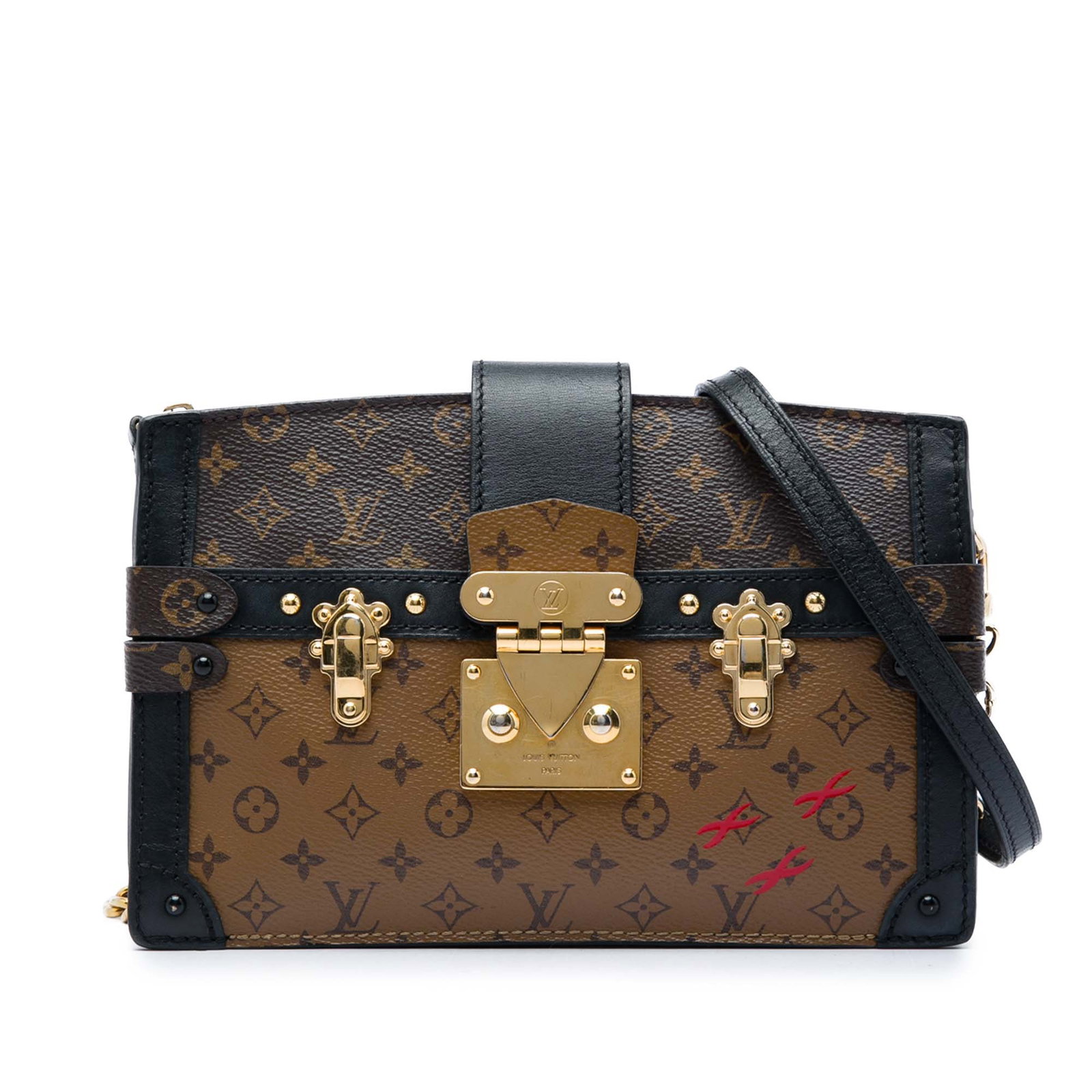 Louis Vuitton Reverse Monogram Trunk Clutch Bag: Louis Vuitton Reverse Monogram Trunk Clutch Bag A structured Louis Vuitton Monogram Reverse Trunk Clutch crafted with a monogram canvas body and leather trim. The design features a top strap with S-lo