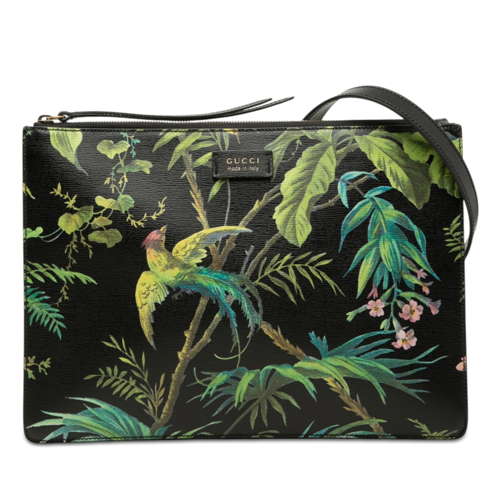 Gucci Tropical Bird Print Leather Crossbody Bag: Gucci Tropical Bird Print Leather Crossbody Bag Gucci crossbody bag in black calfskin leather with a tropical bird print. It features an adjustable and detachable flat leather strap, a top zip closure