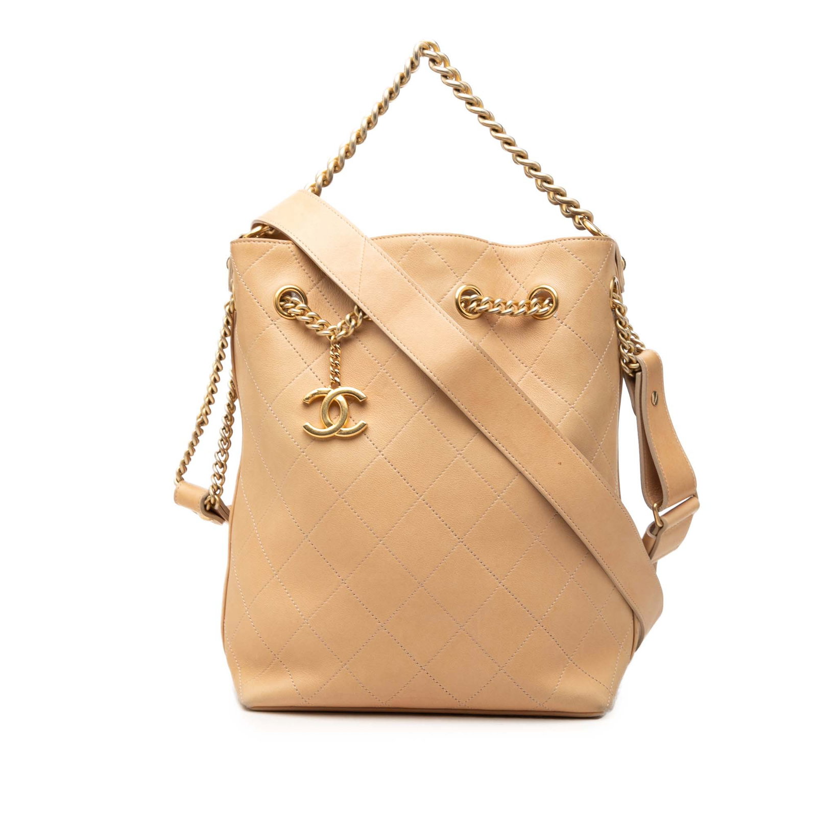 Chanel On My Shoulder Large CC Quilted Calfskin Bucket Bag: Chanel On My Shoulder Large CC Quilted Calfskin Bucket Bag Large quilted calfskin bucket bag with a chain link top handle, flat leather shoulder strap, open top with chain link drawstring, and an inte