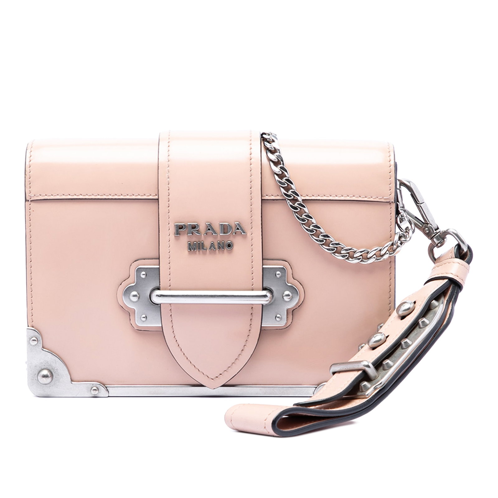 Prada Cahier Crossbody Bag in Pink Spazzolato Calfskin: Prada Cahier Crossbody Bag in Pink Spazzolato Calfskin Prada Cahier crossbody bag in pink spazzolato soft calfskin leather. This bag features a leather body, a studded leather wrist strap, a detachabl