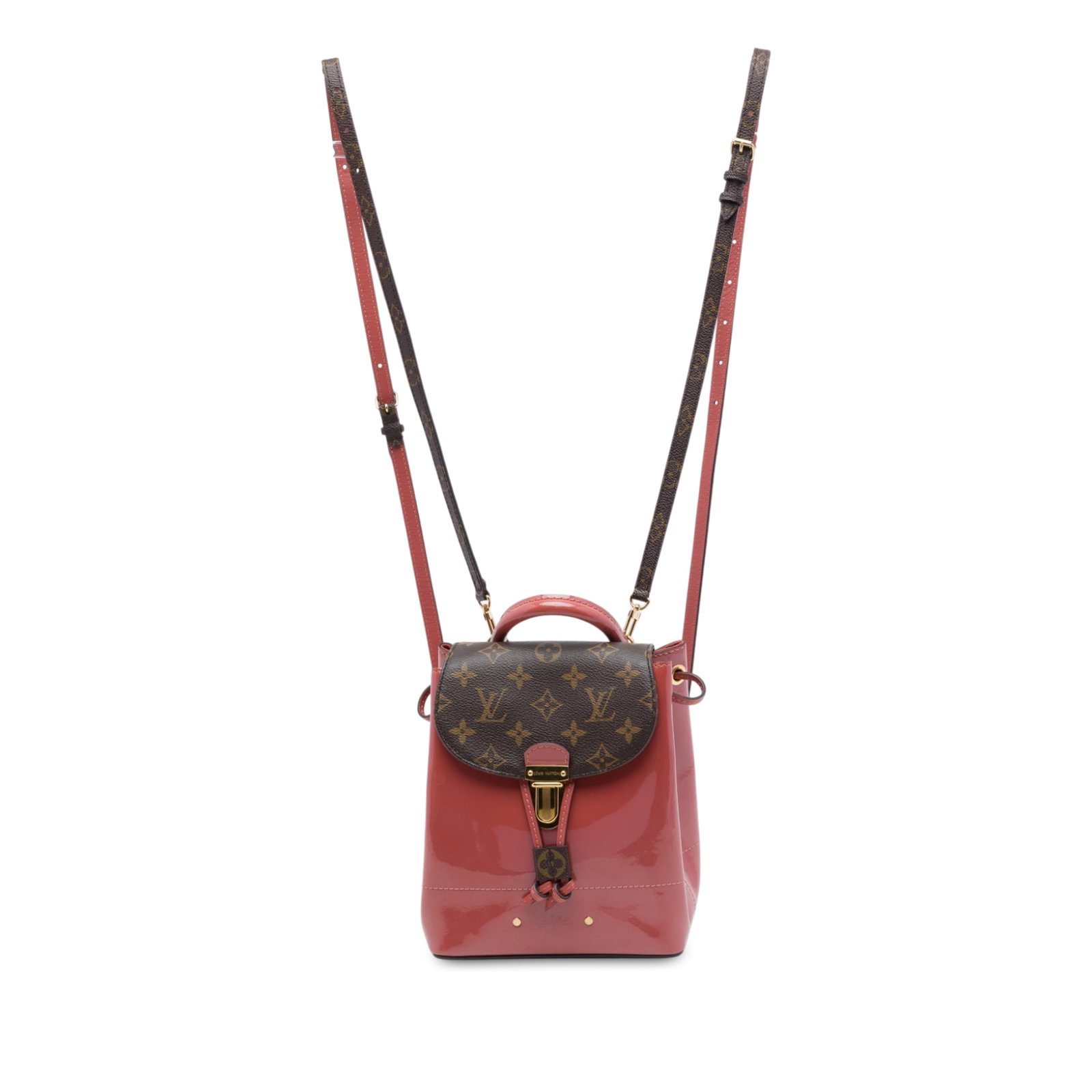 Louis Vuitton Hot Springs Monogram Vernis leather backpack red: Louis Vuitton Hot Springs Monogram Vernis leather backpack red Louis Vuitton Monogram Vernis Hot Springs bag in red leather with monogram trim. This design features a rolled top handle, detachable fla