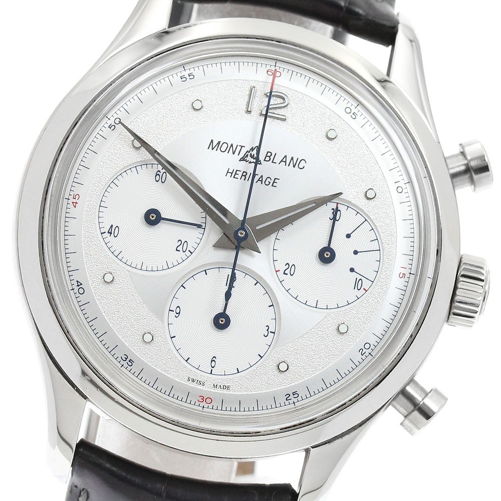 Montblanc Heritage MB128670 automatic chronograph men's wristwatch: Montblanc Heritage MB128670 automatic chronograph men's wristwatch Montblanc Heritage chronograph automatic men's wristwatch with a silver dial, stainless steel case, and leather strap. Features inclu