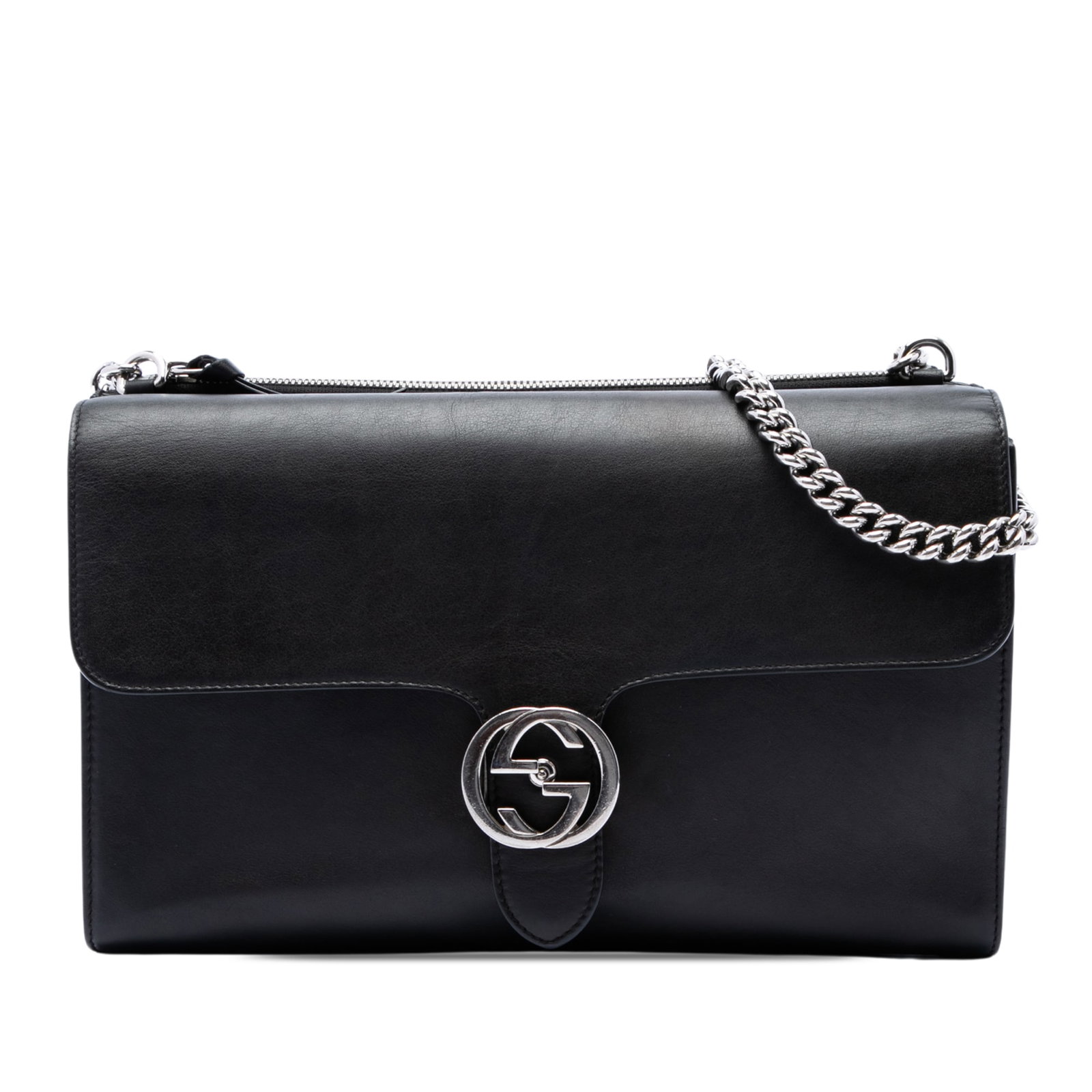 Gucci Interlocking G Medium Dollar Leather Crossbody Bag Black: Gucci Interlocking G Medium Dollar Leather Crossbody Bag Black Gucci Medium Leather Dollar Interlocking G Crossbody in black leather with a flap front and GG flip-lock closure. The design includes a c