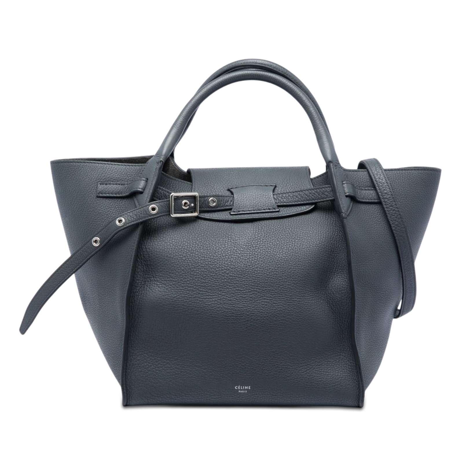 Celine Big Bag Small Grained Calfskin Leather Shoulder Bag Gray: Celine Big Bag Small Grained Calfskin Leather Shoulder Bag Gray A structured and spacious Celine Small Grained Calfskin Big Bag in gray leather. This bag features rolled leather handles, a flat leathe