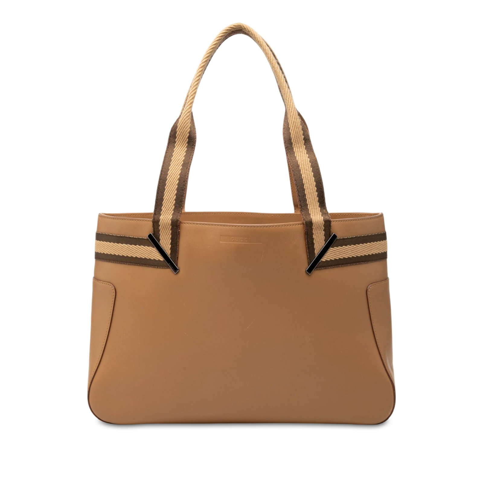 Gucci Calfskin Web Leather Handbag Brown Made in Italy: Gucci Calfskin Web Leather Handbag Brown Made in Italy Gucci Calfskin Web Handbag in brown leather with flat canvas handles, an open top with magnetic snap closure, and an interior zip pocket. Include