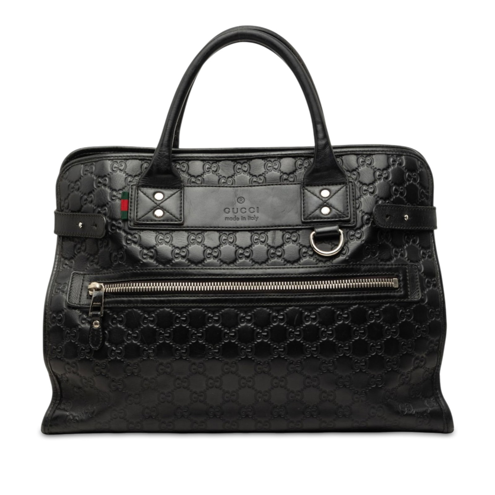 Gucci Guccissima black leather business bag with web detail: Gucci Guccissima black leather business bag with web detail Structured in embossed leather, this Gucci Guccissima Web Business Bag offers a professional silhouette with rolled leather handles and an o