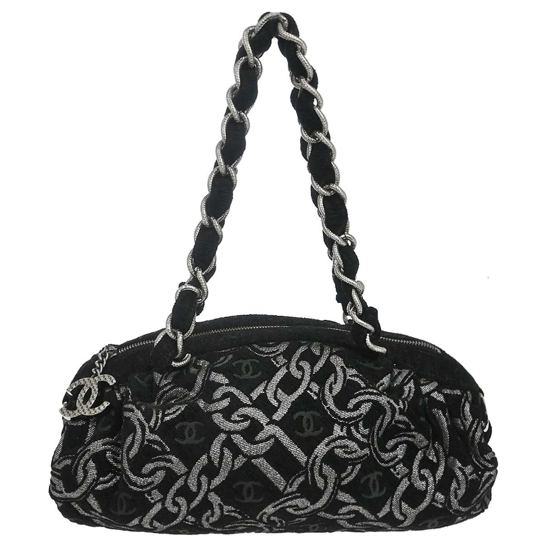 CHANEL Matelasse Cotton Jacquard Top Handle Bag Black Silver: CHANEL Matelasse Cotton Jacquard Top Handle Bag Black Silver Chanel black cotton jacquard chain handbag with a matelasse quilted design, double handles, zip closure, and pockets. The bag features a bl