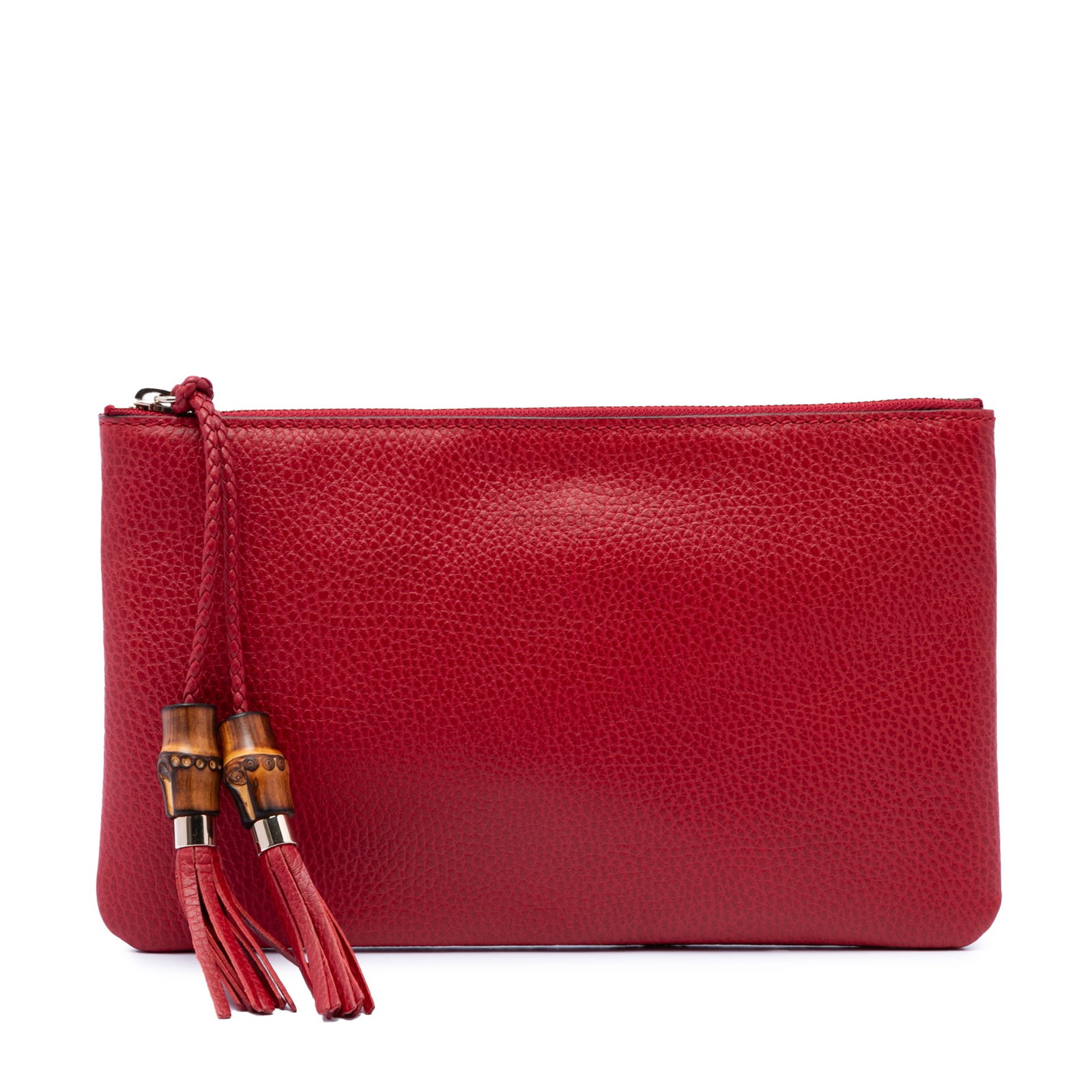 Gucci red leather zip clutch with bamboo tassel detail: Gucci red leather zip clutch with bamboo tassel detail Gucci calfskin bamboo clutch in red leather with a top zip closure, bamboo and tassel details, and an interior slip pocket. Condition is AB with 