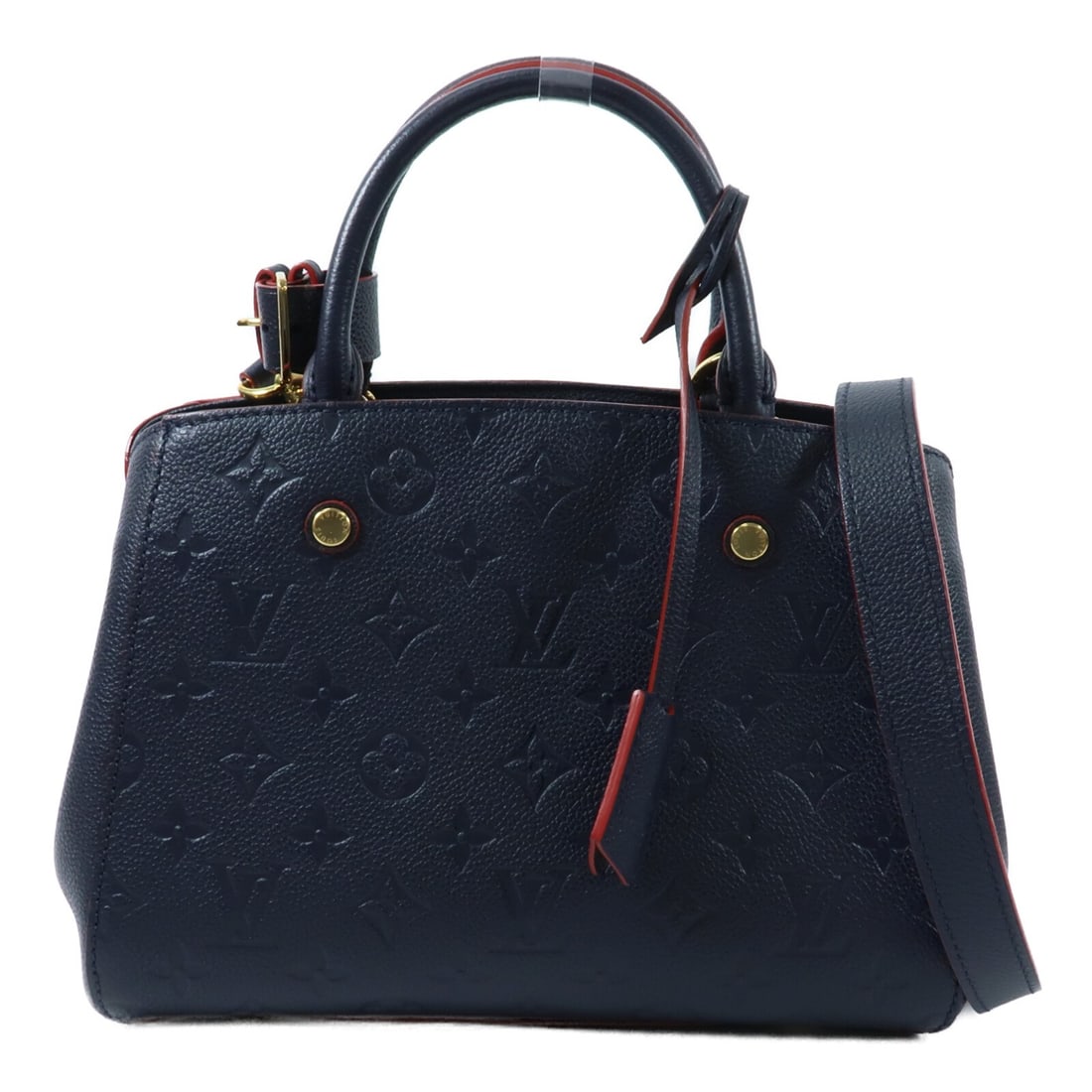 Louis Vuitton Montaigne BB M42747 Monogram Empreinte 2 Way Bag: Louis Vuitton Montaigne BB M42747 Monogram Empreinte 2 Way Bag The Louis Vuitton Montaigne BB is a 2-way shoulder bag crafted in Monogram Empreinte and calfskin (cowhide) with a navy exterior. It feat