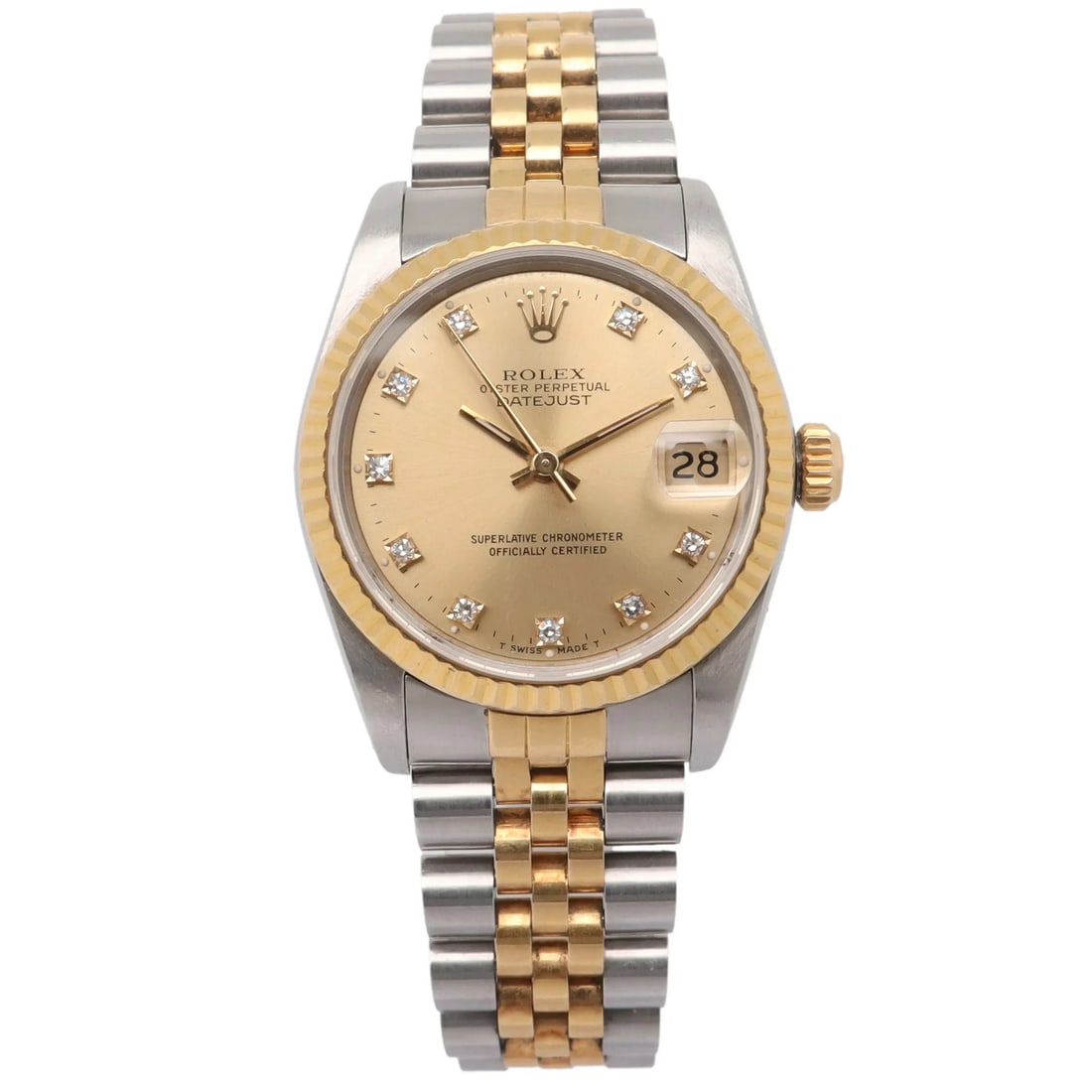 Rolex Datejust 68273G 31mm watch in steel and 18k yellow gold: Rolex Datejust 68273G 31mm watch in steel and 18k yellow gold Vintage Rolex Datejust 31 wristwatch with a champagne sunburst dial, diamond markers, and a diamond fluted fixed bezel. This automatic Swi