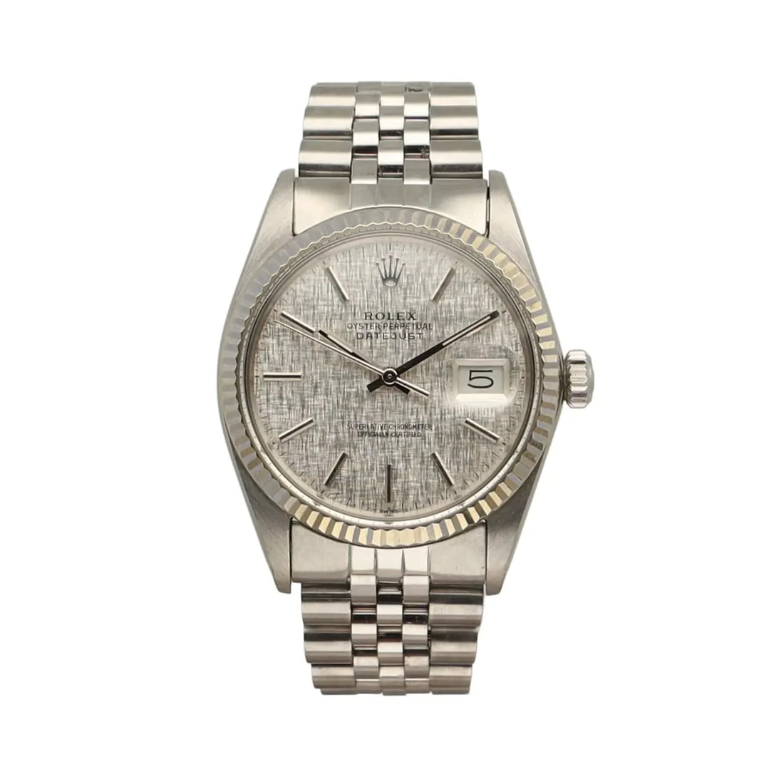 Rolex 16014 Datejust 36mm automatic watch silver linen dial steel white gold: Rolex 16014 Datejust 36mm automatic watch silver linen dial steel white gold Rolex Datejust reference 16014 with a silver linen dial and classic fluted bezel. This men's automatic wristwatch features 