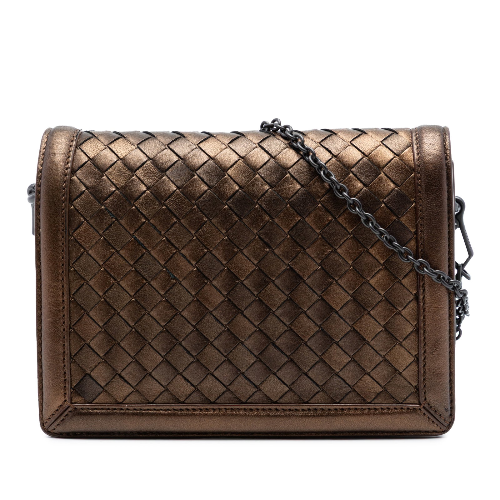 Bottega Veneta Montebello Intrecciato Nappa Leather Crossbody Bag: Bottega Veneta Montebello Intrecciato Nappa Leather Crossbody Bag A Bottega Veneta Montebello crossbody crafted in brown woven nappa leather. This bag features a detachable chain link strap and a fron