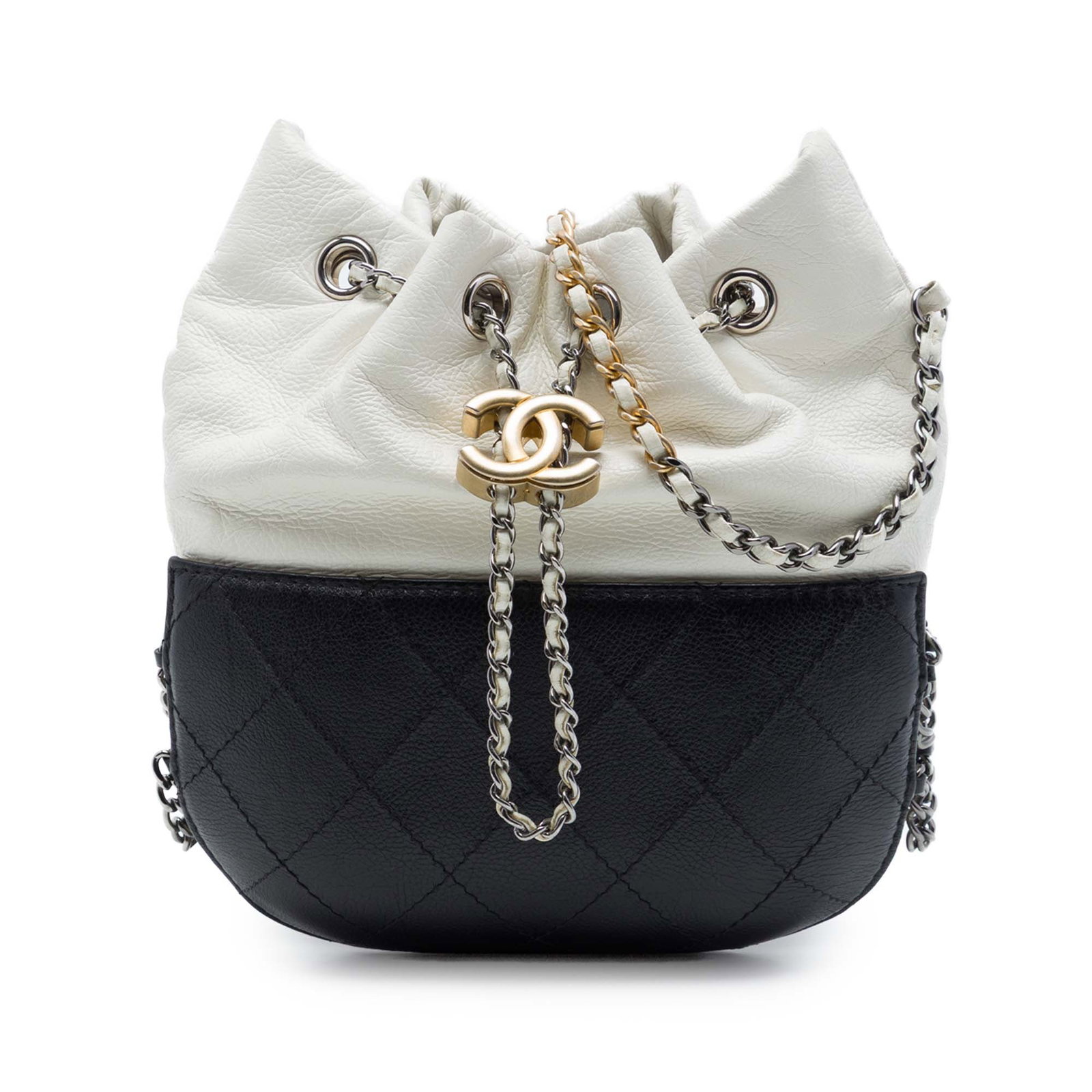 Chanel Gabrielle Small Bucket Bag in Bicolor Quilted Calfskin: Chanel Gabrielle Small Bucket Bag in Bicolor Quilted Calfskin A Chanel Gabrielle bucket bag crafted in bicolor quilted calfskin with a leather-woven chain link strap and leather guard. The design feat