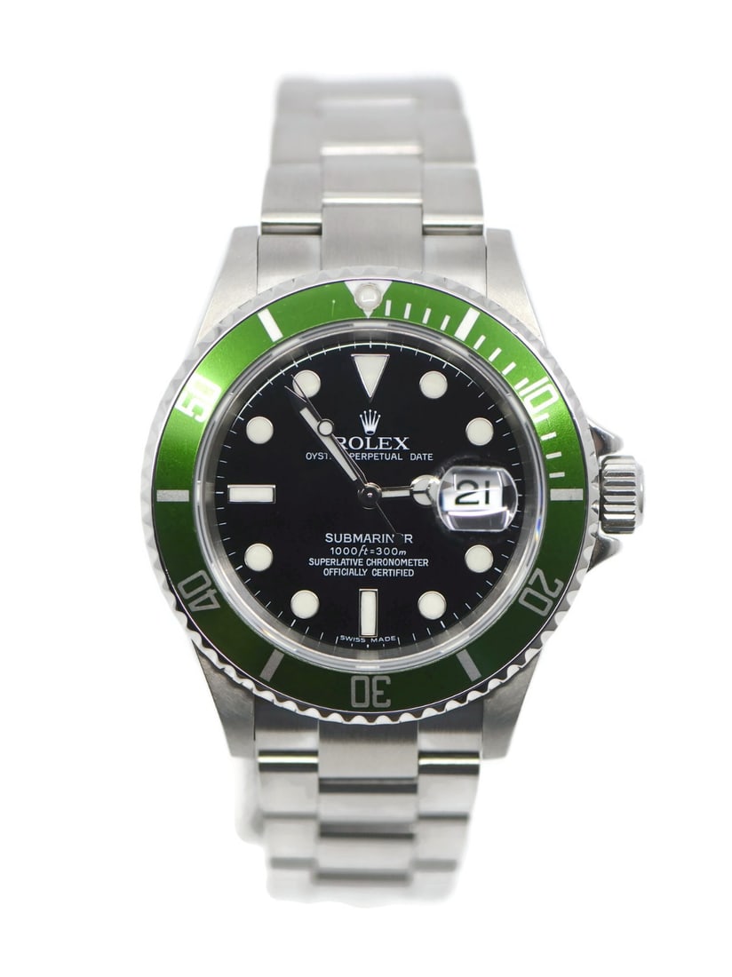 Rolex 16610LV Submariner wristwatch in stainless steel with green bezel: Rolex 16610LV Submariner wristwatch in stainless steel with green bezel Rolex Submariner Kermit reference 16610LV in stainless steel with a green unidirectional rotating bezel, black dial, and automat