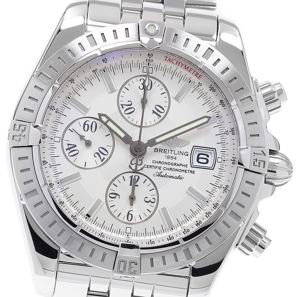 Breitling Chronomat Evolution A13356 automatic steel mens wristwatch date: Breitling Chronomat Evolution A13356 automatic steel mens wristwatch date Breitling Chronomat Evolution men's wristwatch with automatic movement and a silver dial. This stainless steel watch features 